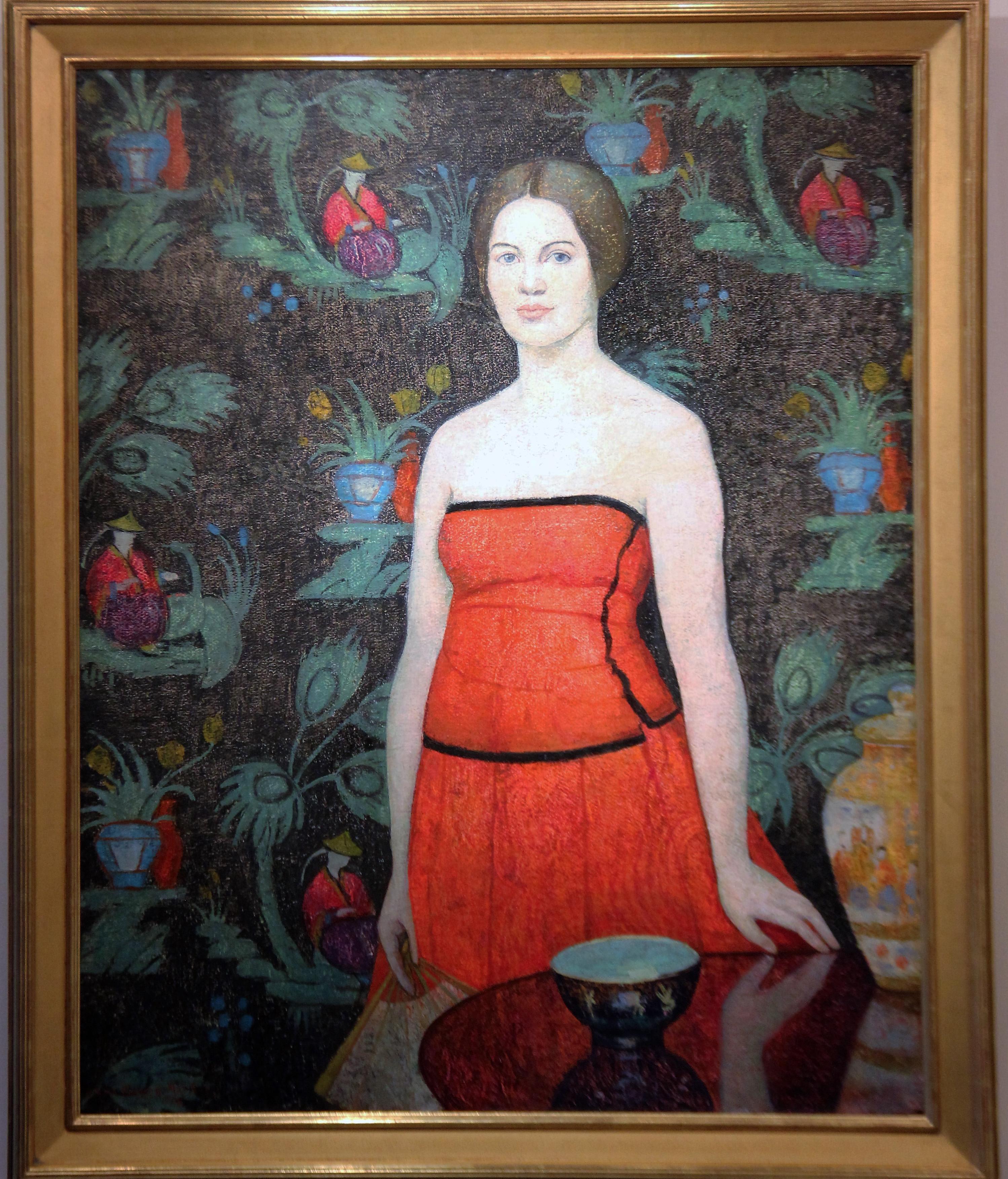 Emma Fordyce MacRae Interior Painting - Lady in Red, Portrait of a Woman with Table and Vase, Philadelphia Ten, 1926