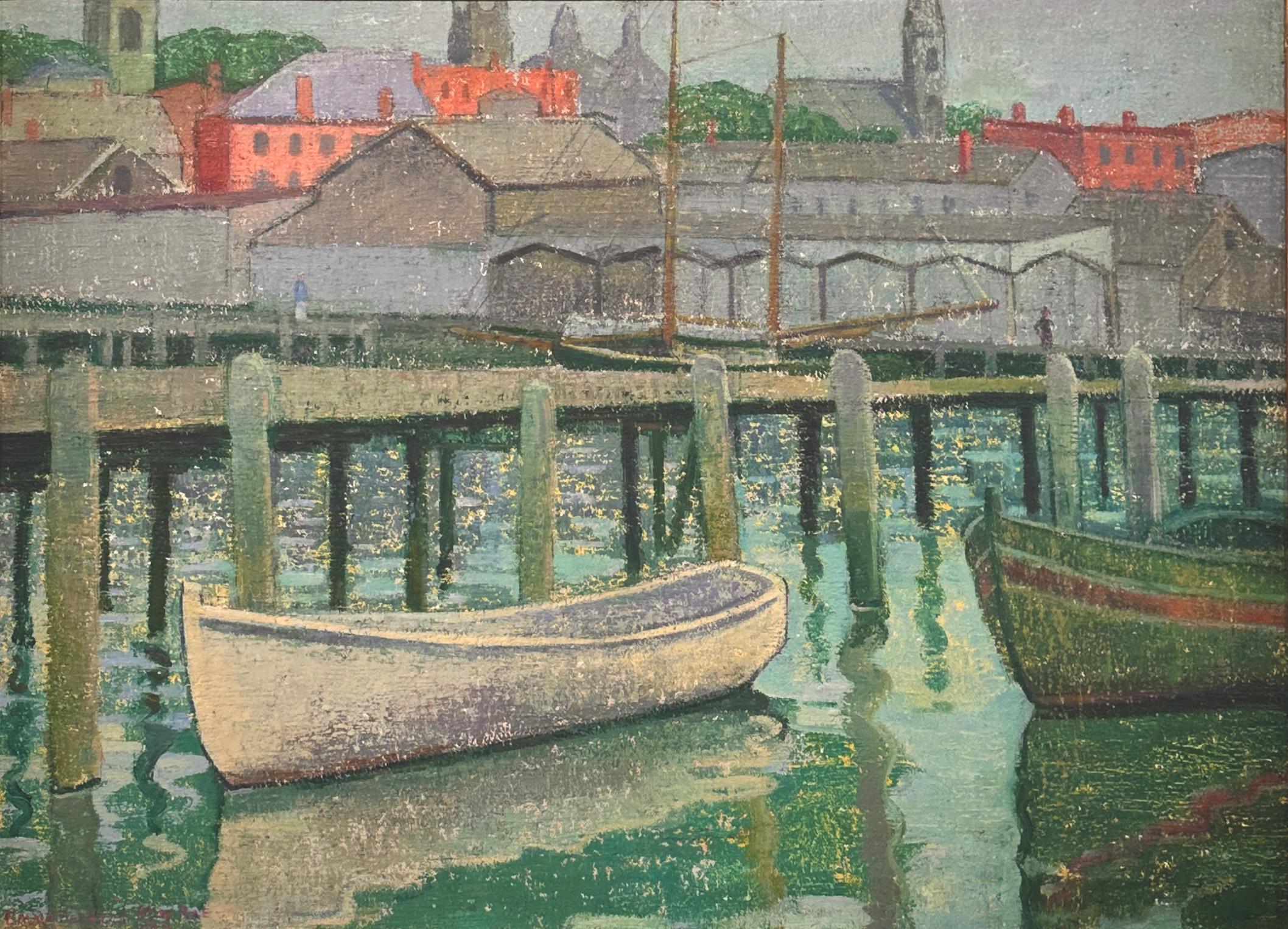 Emma Fordyce MacRae Landscape Painting - “The White Boat", Gloucester, Massachusetts, dock scene by famous female artist