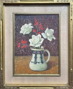 Vintage White Roses and Red Berries, Signed 20th Century American Female Artist