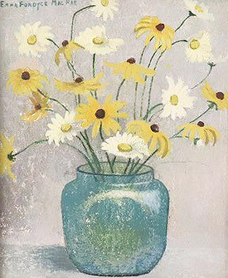 Emma Fordyce MacRae Still-Life Painting - White & Yellow Daisies in Loetz Vase, 20th Century American Signed Oil 