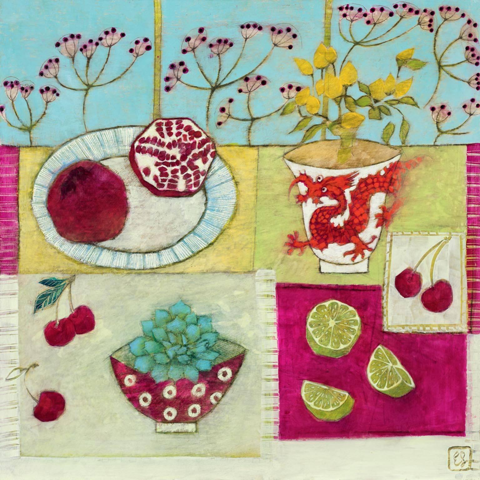 Dragón saltarín de la artista Emma Forrester.
50 x 50 cm (tamaño del cuadro) 60 x 60 cm enmarcado 
Acrílico sobre panel de gesso
Dice: "Mis cuadros están creados para evocar no sólo la belleza de las flores, sino también su vitalidad y su fuerza.