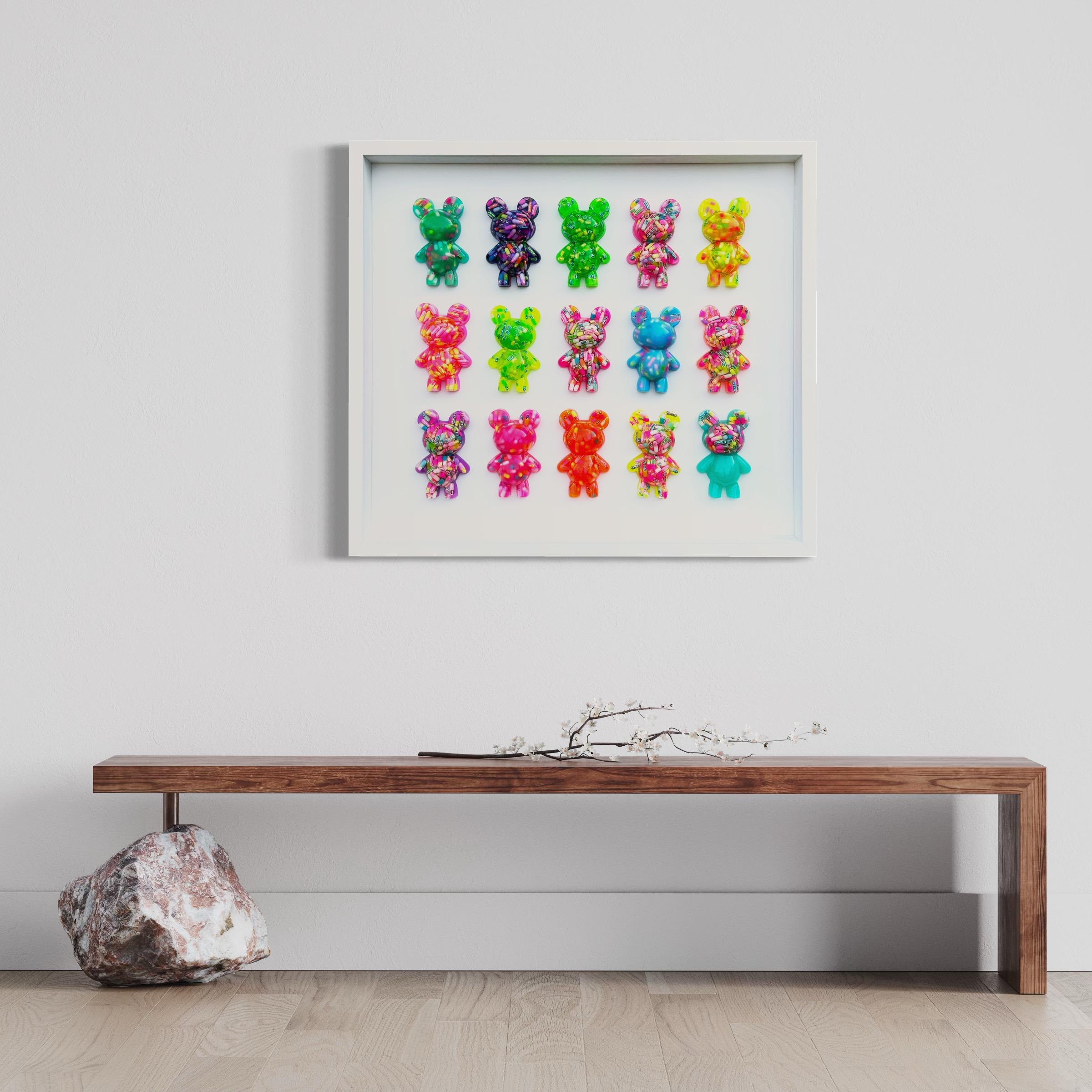 Signature handmade resin & glitter pills, embedded in 15 sculpted resin gummy bears

Custom-made white shadow box frame, with ArtGlass70

Bright and colourful pop art, perfect for a feature wall.

Please note, the bears may differ from the ones