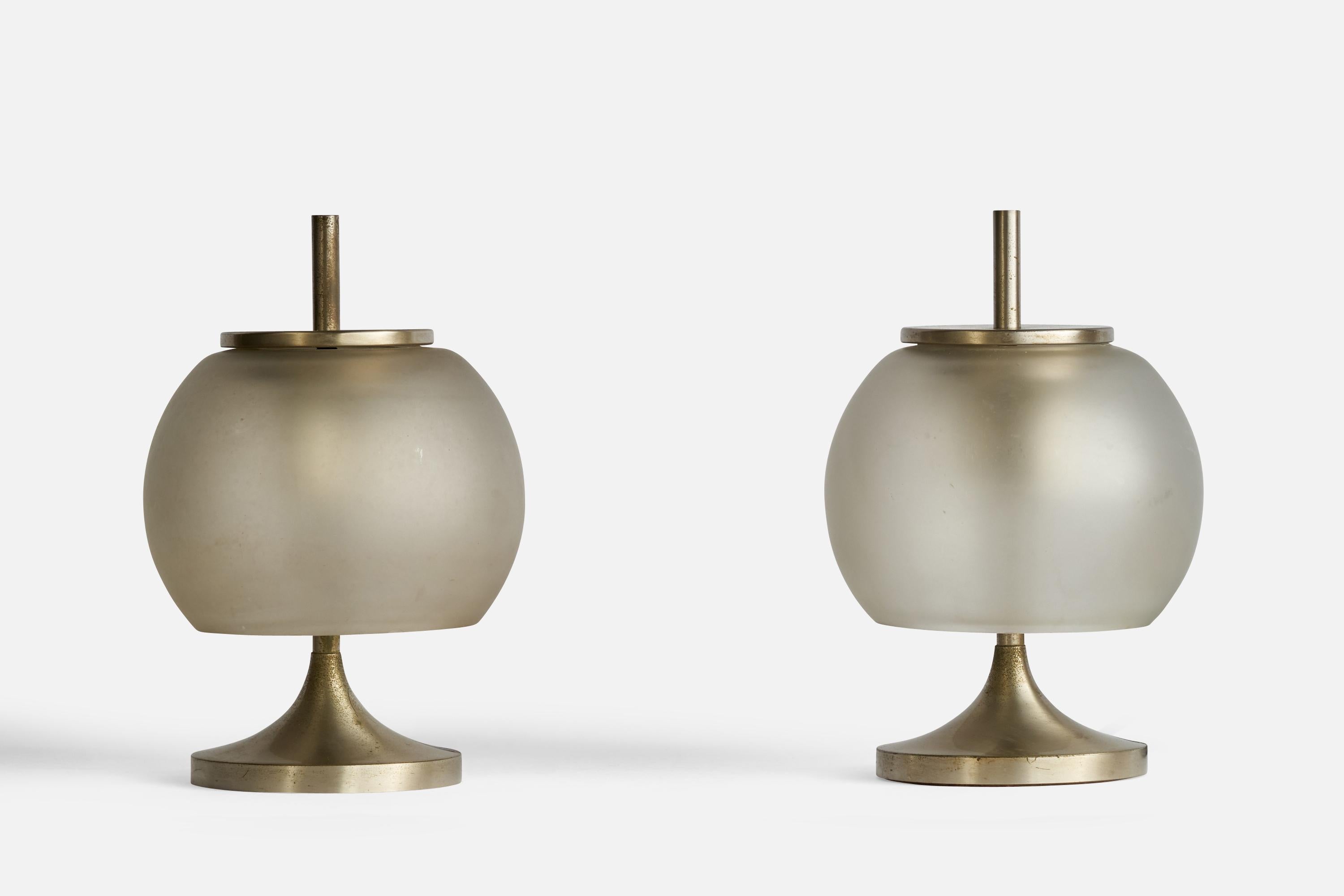 A pair of nickel-plated brass and frosted glass 