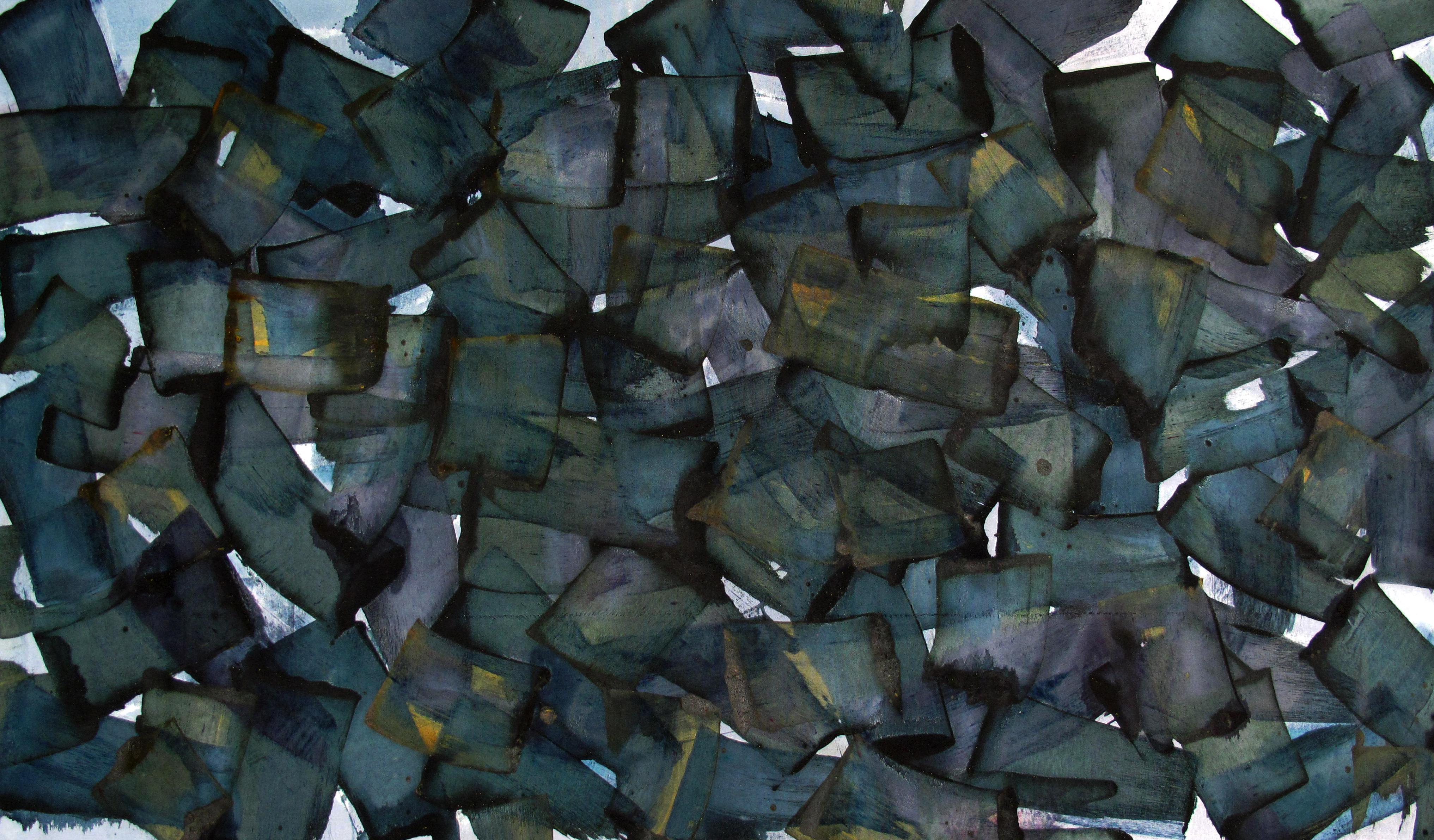 Abstract Drawing de Emma Godebska - "Pájaros", Pintura abstracta contemporánea sobre lienzo, tonos naturales oscuros y dorados