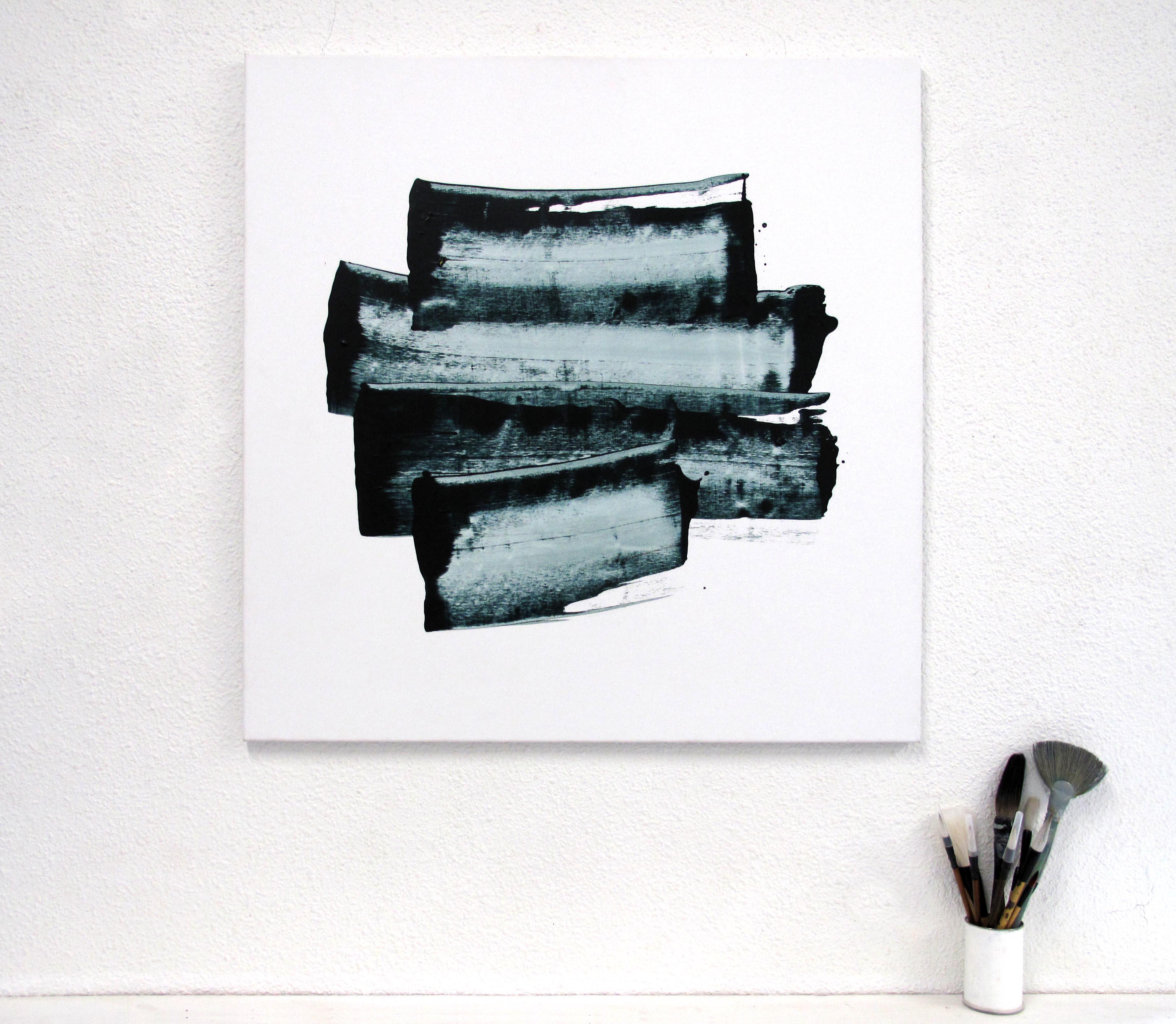 Equinox Green 02 - Abstract contemporary square painting on canvas, textured - Black Abstract Painting by Emma Godebska