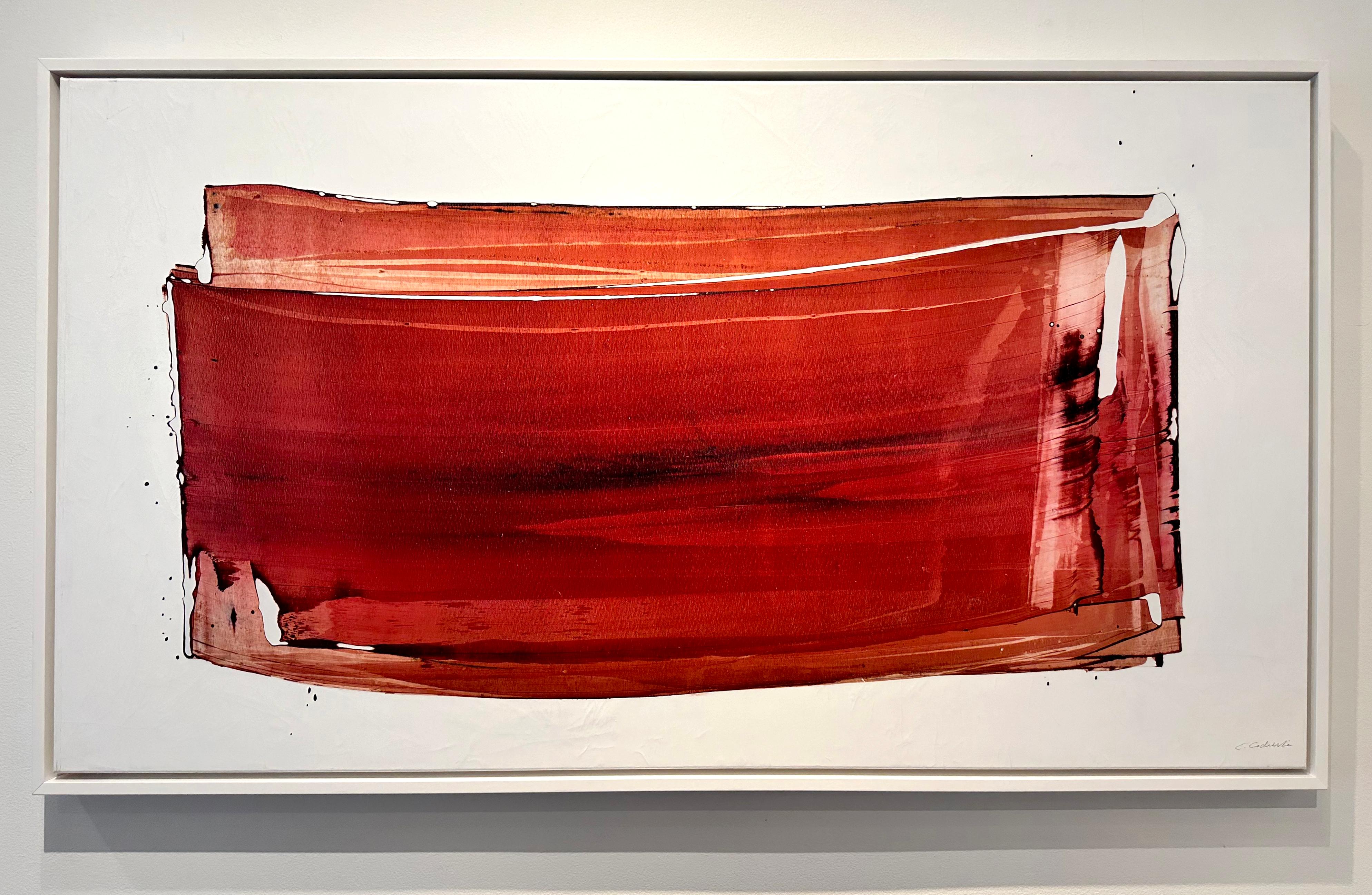 Red Flow II- Pittura astratta contemporanea su tela, forma moderna rossa che scorre - Art di Emma Godebska