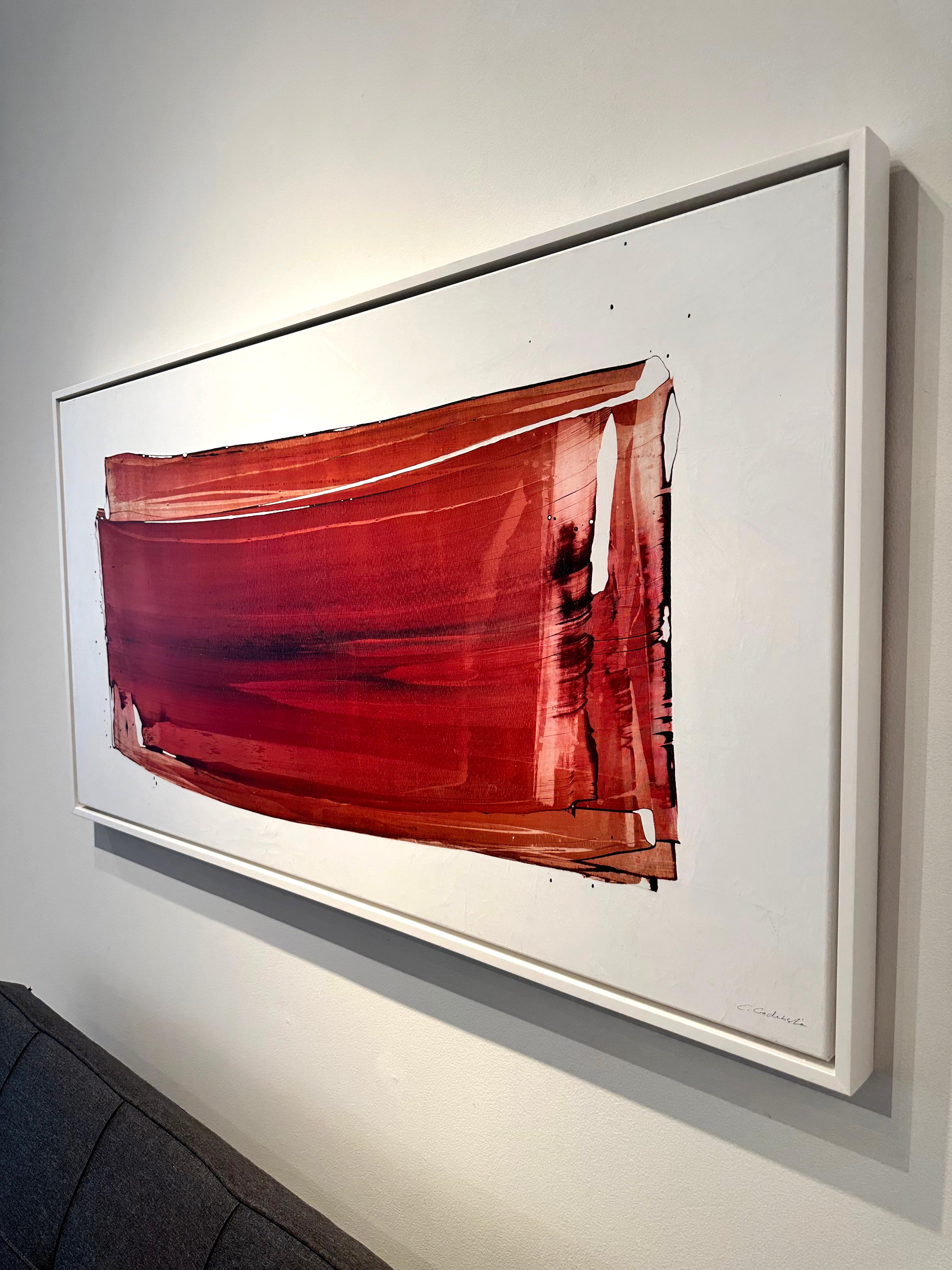 Red Flow II- Pittura astratta contemporanea su tela, forma moderna rossa che scorre - Abstract Drawing Rosso di Emma Godebska