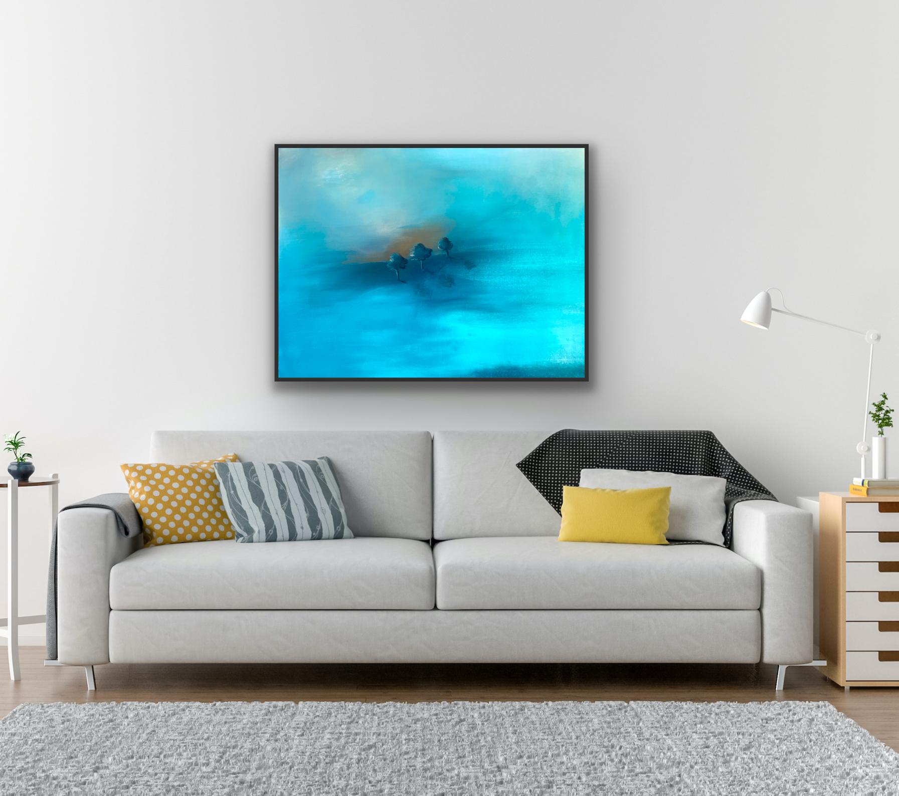 Halbabstraktes Bild von Bäumen in düsterer Umgebung, in der sie fast zu schweben scheinen. Die Farben sind intensiv und kräftig, aber das Motiv ist sanft und ruhig.

Zusätzliche Informationen:
Ölfarbe auf Leinwand
100 H x 120 B x 5 T cm (39,37 x