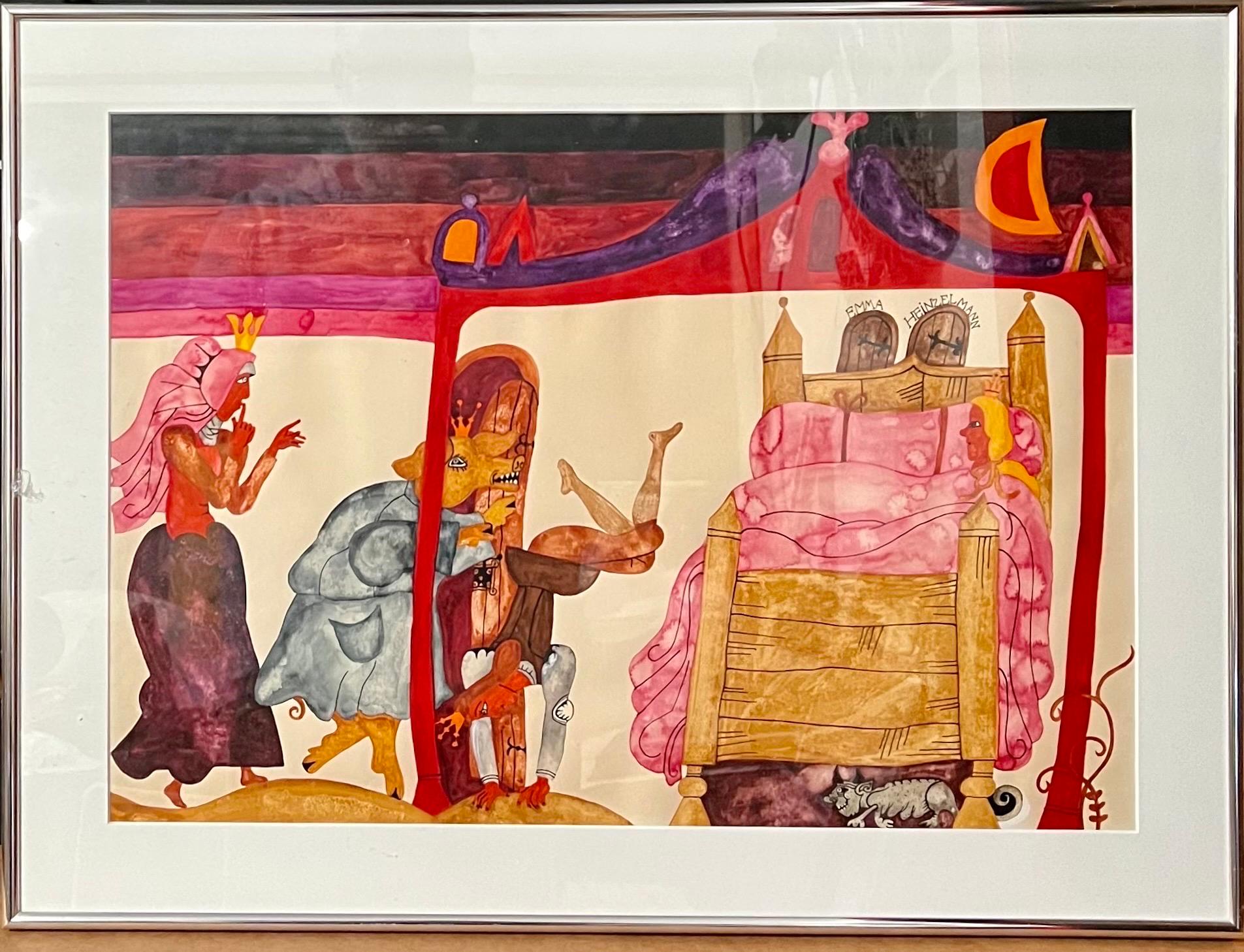 Original vintage gouache painting on poster board by Emma Heinzelmann (Hungarian, born 1930). Hungarian Peasant art, children fairytale themes, in psychedelic pop colors of the era.This painting that depicts figures including a crowned pig, and a