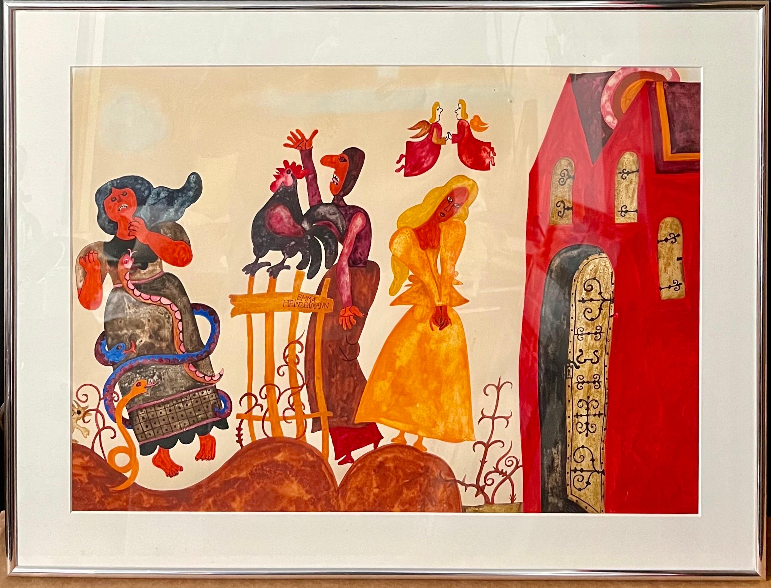 Original vintage gouache painting on poster board by Emma Heinzelmann (Hungarian, born 1930). Hungarian Peasant art, children fairytale themes, in psychedelic pop colors of the era. This framed painting depicts figures, a rooster and angels in