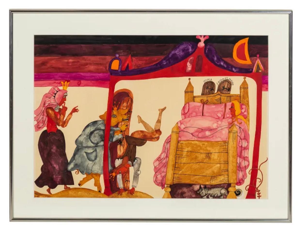 Original vintage gouache painting on poster board by Emma Heinzelmann (Hungarian, born 1930). Hungarian Peasant art, children fairytale themes, in psychedelic pop colors of the era.This painting that depicts figures including a crowned pig, and a