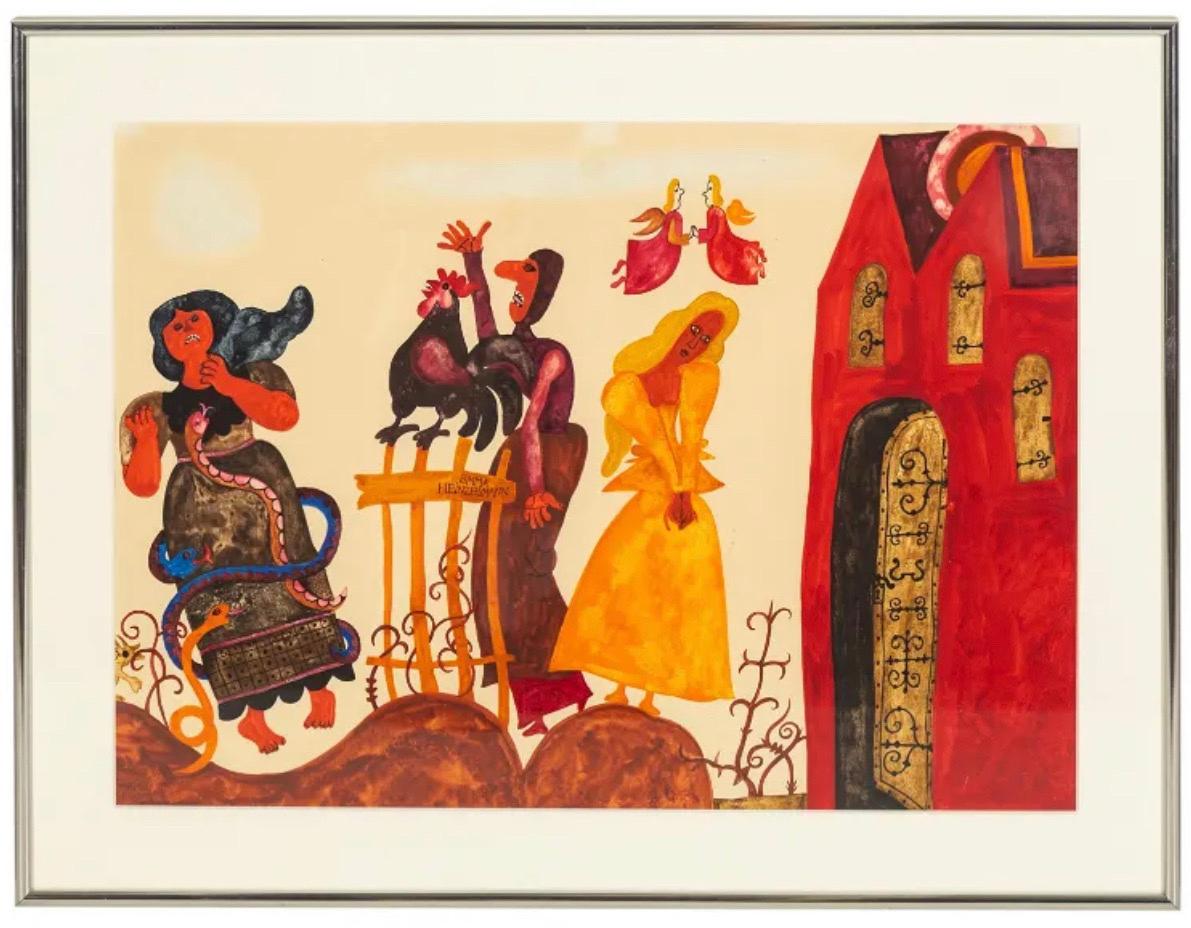 Original vintage gouache painting on poster board by Emma Heinzelmann (Hungarian, born 1930). Hungarian Peasant art, children fairytale themes, in psychedelic pop colors of the era. This framed painting depicts figures, a rooster and angels in