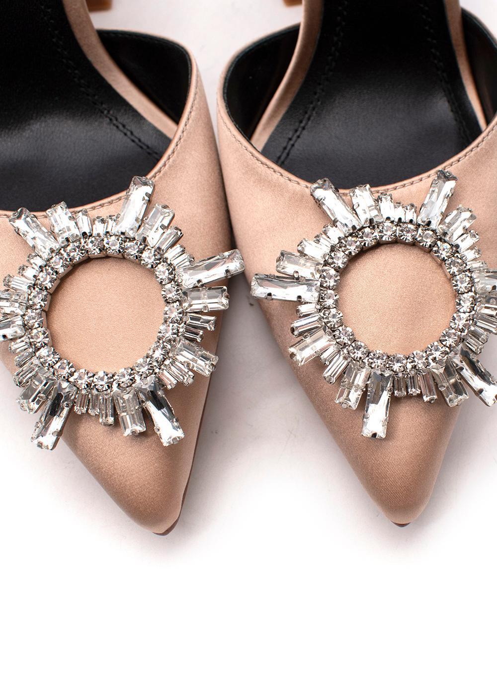 Brown Emma Hyacinth Champagne Satin Crystal Embellished Oliva Slingback Heeled Pumps For Sale