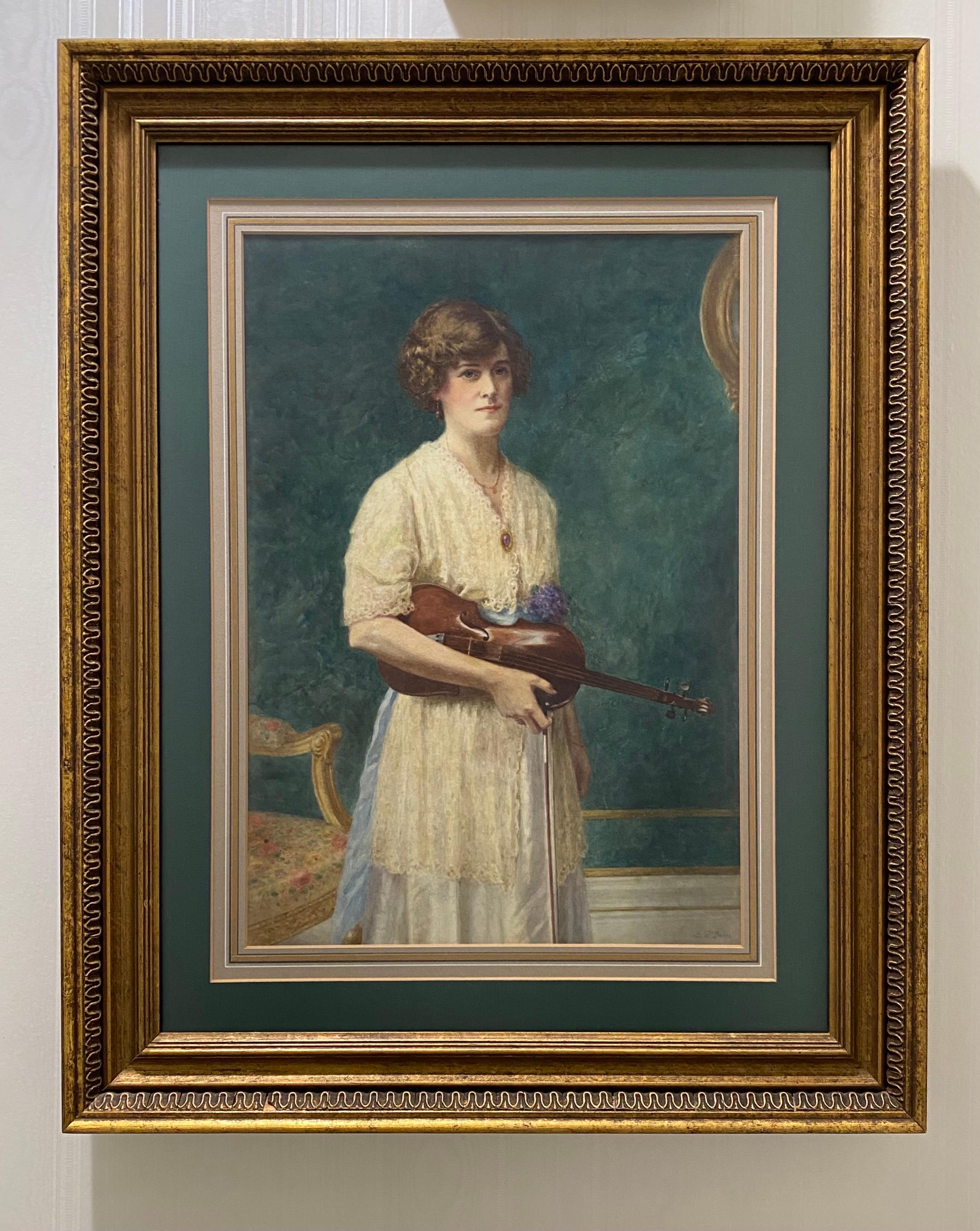 British female artist Emma Irlam Briggs (1867 - 1950) portrait of a lovely young woman with violin circa 1920. Beautifully executed by Briggs in gouache watercolor and custom framed. Framed behind non glair glass. The portrait has a double matting
