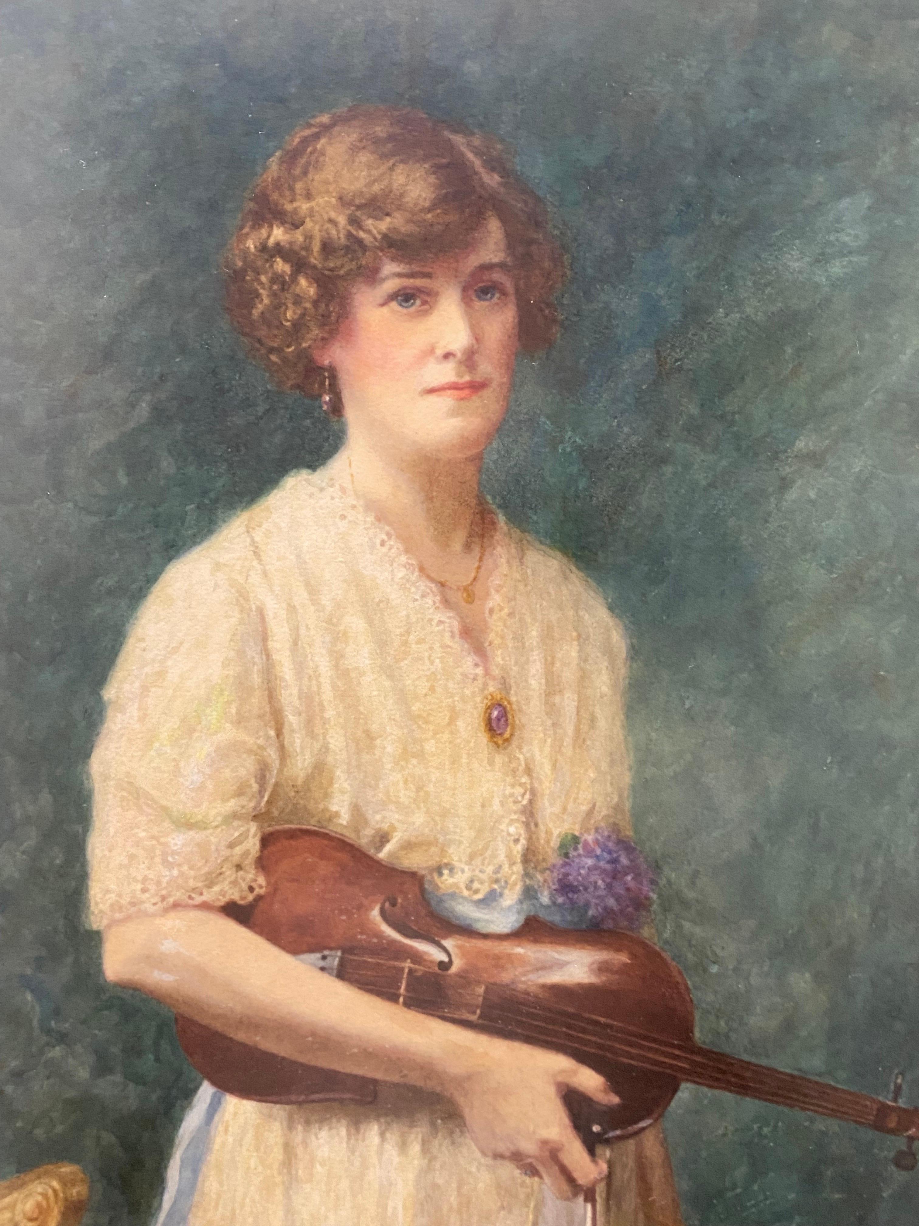 Emma Irlam Briggs Woman with Violin Watercolor In Good Condition In New York, NY