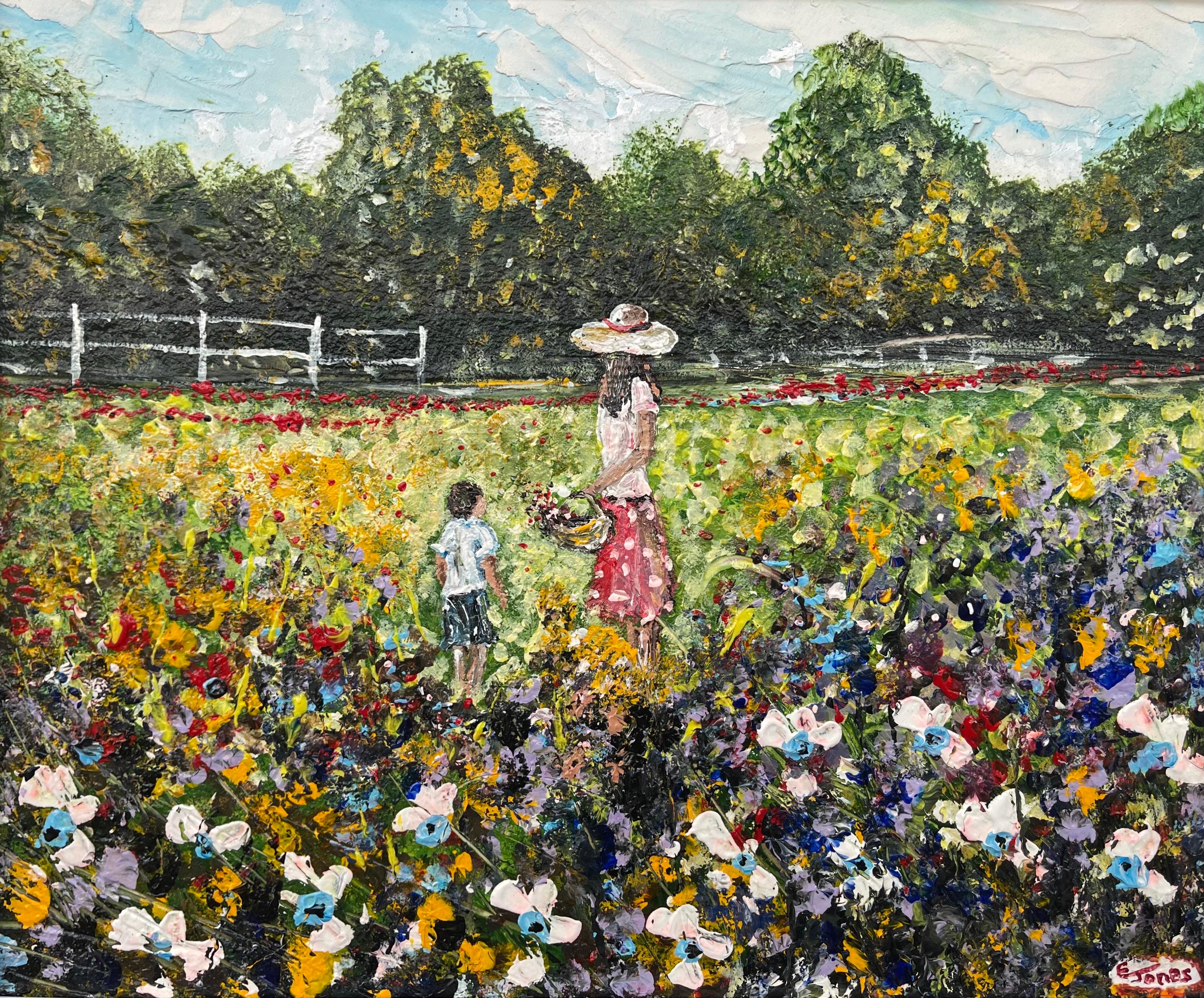 Painting of Mother & Child gathering Wild Flowers by Irish Contemporary Artist - Black Figurative Painting by Emma Jones