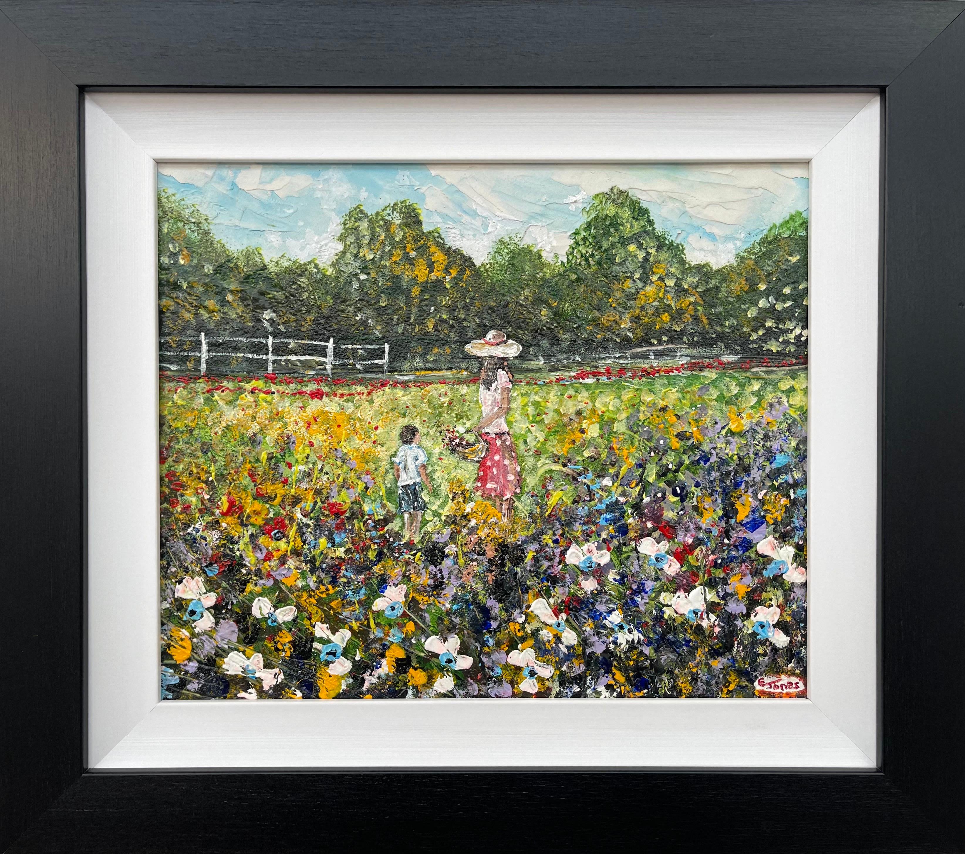 Figurative Painting Emma Jones - Peinture d'une mère et d'un enfant cueillant des fleurs sauvages par un artiste irlandais contemporain