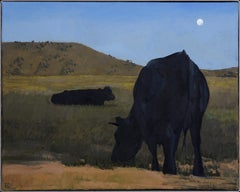 "Fields at Twilight" (2025) Original Oil Painting, Landscape with Cows and Moon