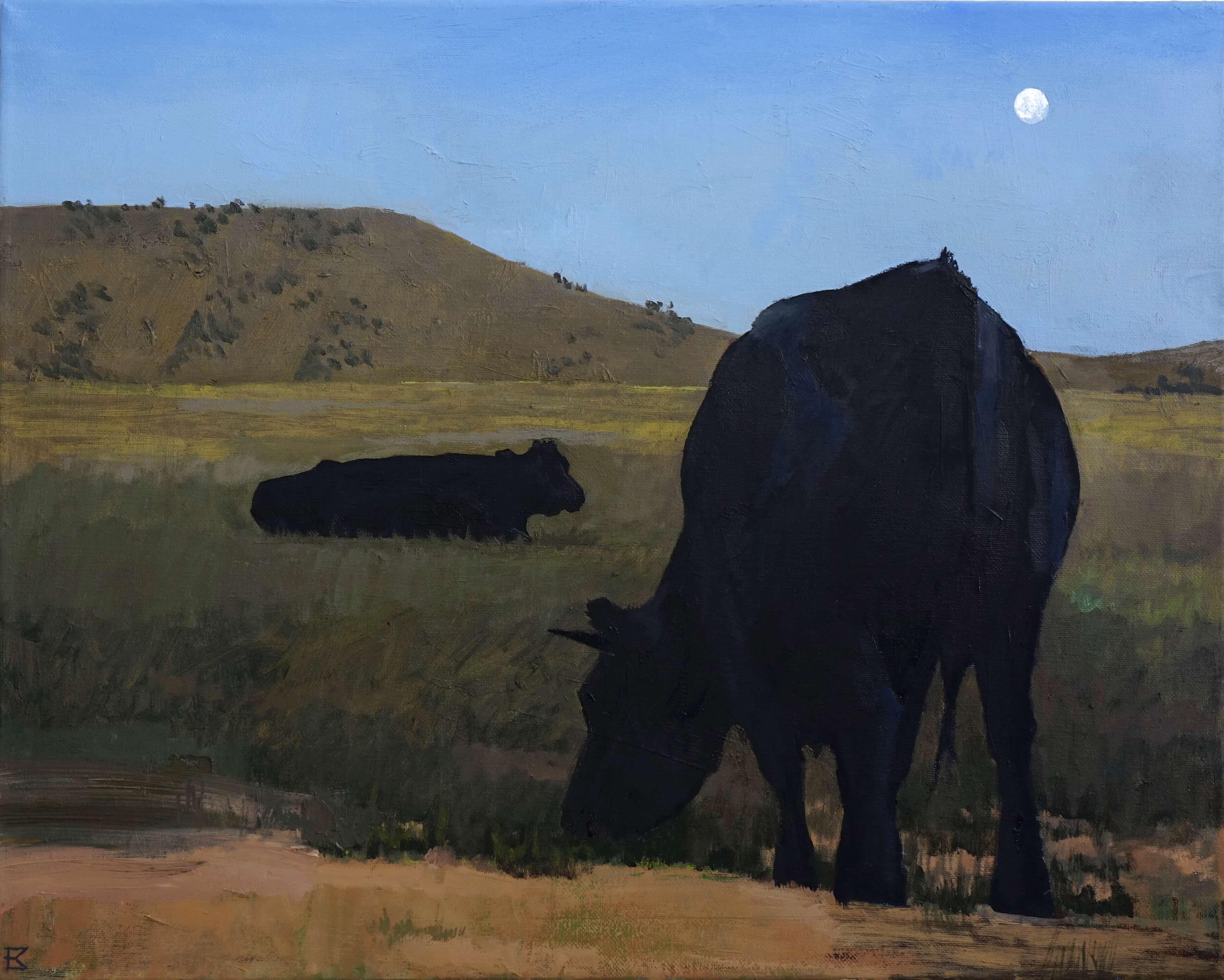 Emma Kalff Animal Painting - "Fields at Twilight" (2025) Original Oil Painting, Landscape with Cows and Moon