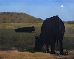 "Campi al crepuscolo" (2025) Pittura a olio originale, paesaggio con mucche e luna