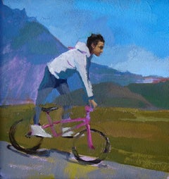 "The Drifter" (2023) by Emma Kalff, Original Oil Painting, Biker in a Landscape