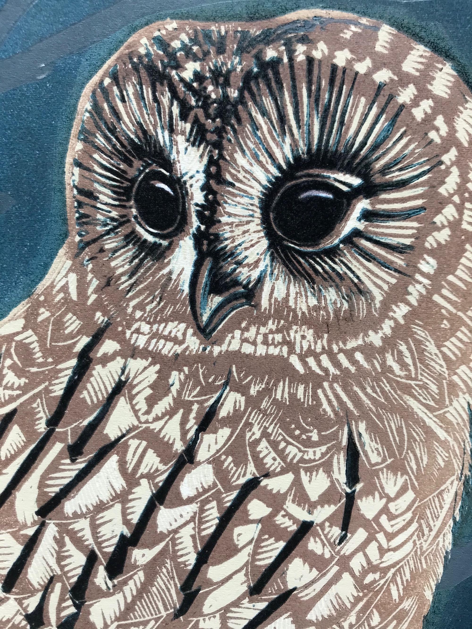 Yule, nature art, owl art, limited edition linocut print, affordable art - Blue Animal Print by Emma Kirkman
