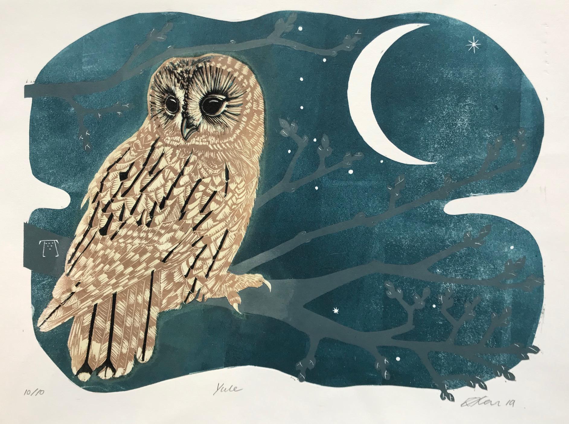 Emma Kirkman Animal Print - Yule, nature art, owl art, limited edition linocut print, affordable art