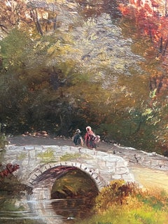 Signed 19th Century Scottish Oil Painting Figures Crossing Old Stone Bridge