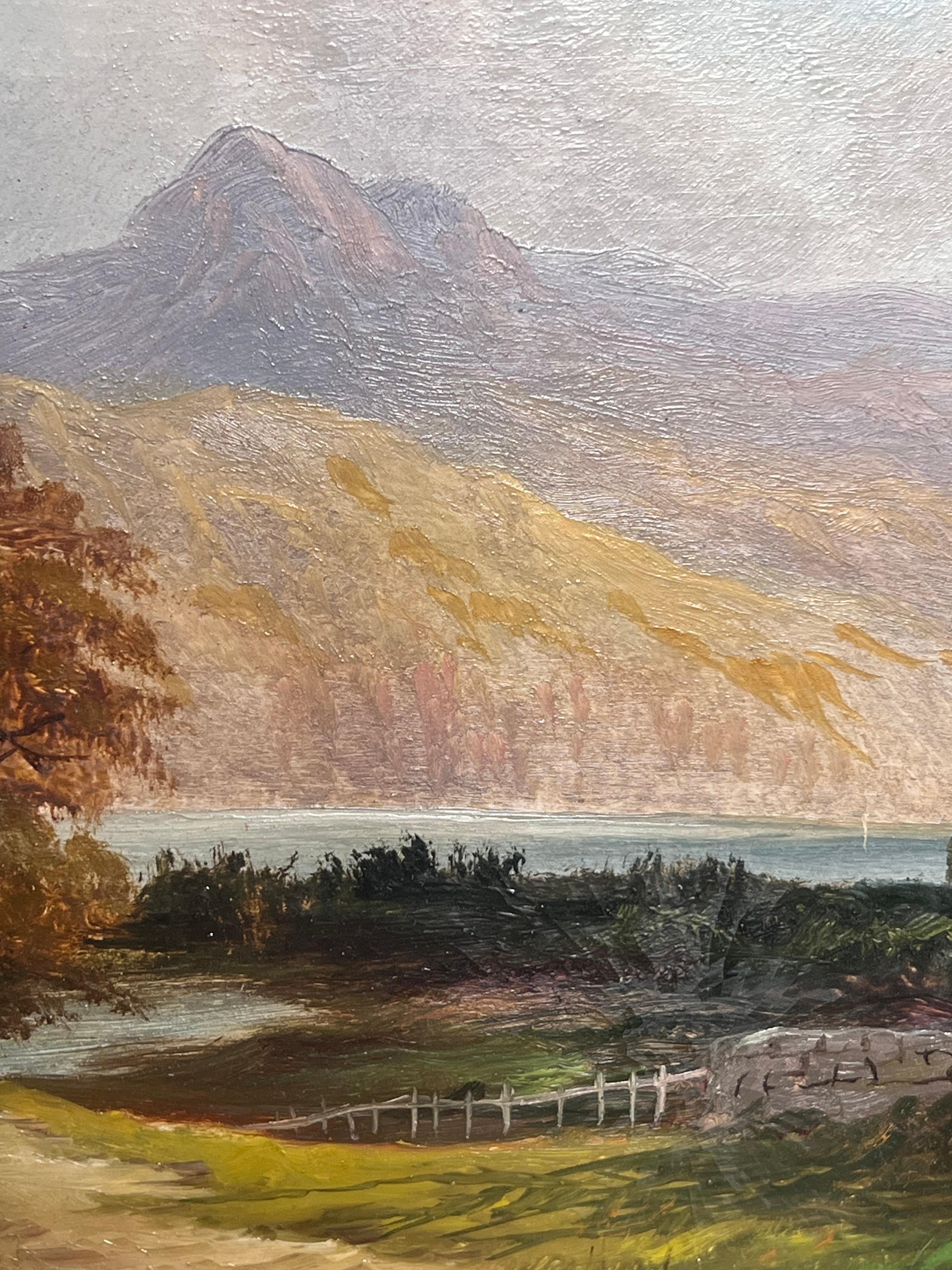 Signiertes schottisches Ölgemälde aus dem 19. Jahrhundert Figuren, die eine alte Steinbrücke überqueren (Braun), Figurative Painting, von Emma Landseer