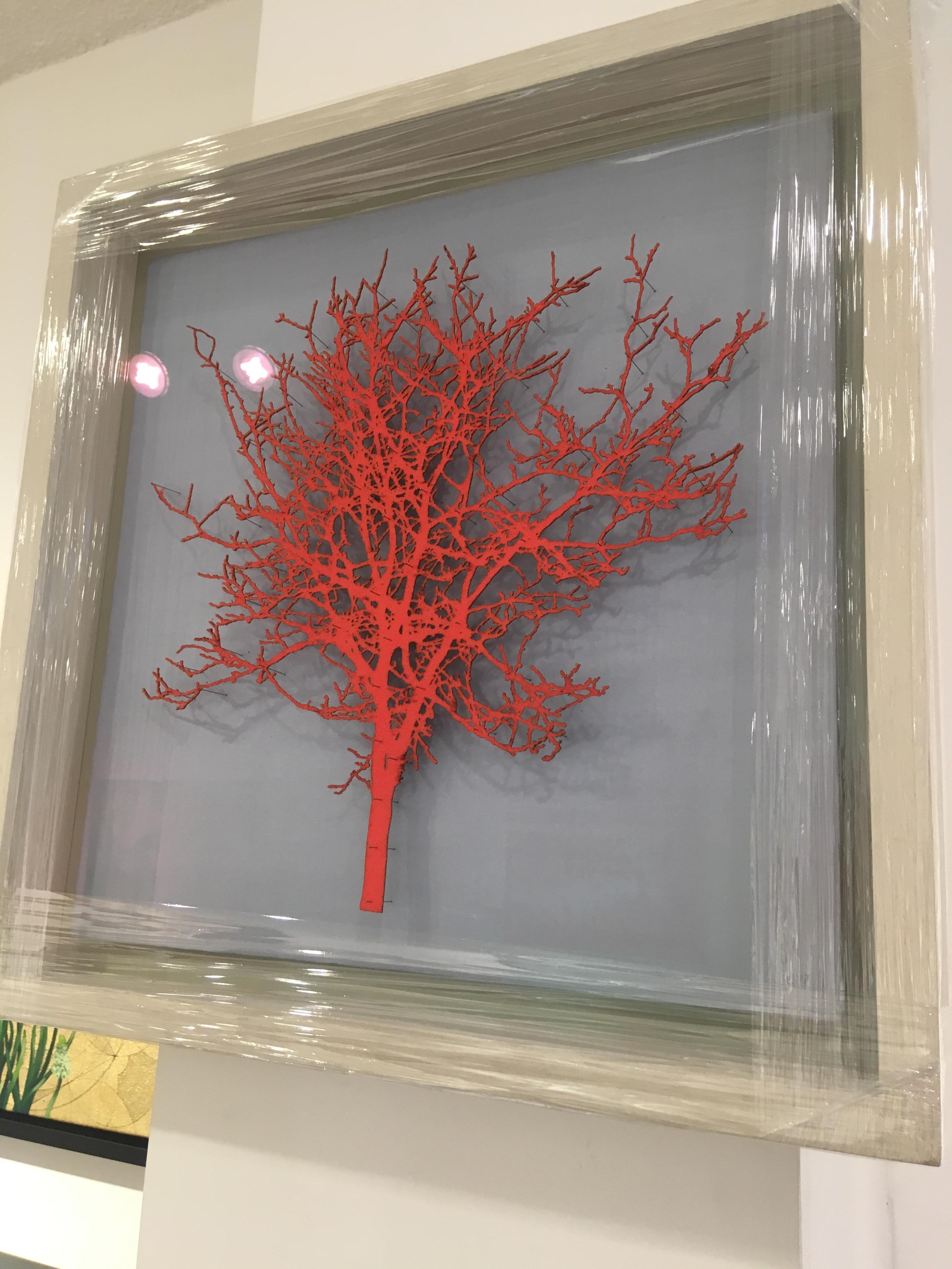 Felt Hawthorn - contemporary red tree lasercut glazed framed mixed media artwork - Contemporary Mixed Media Art by Emma Levine