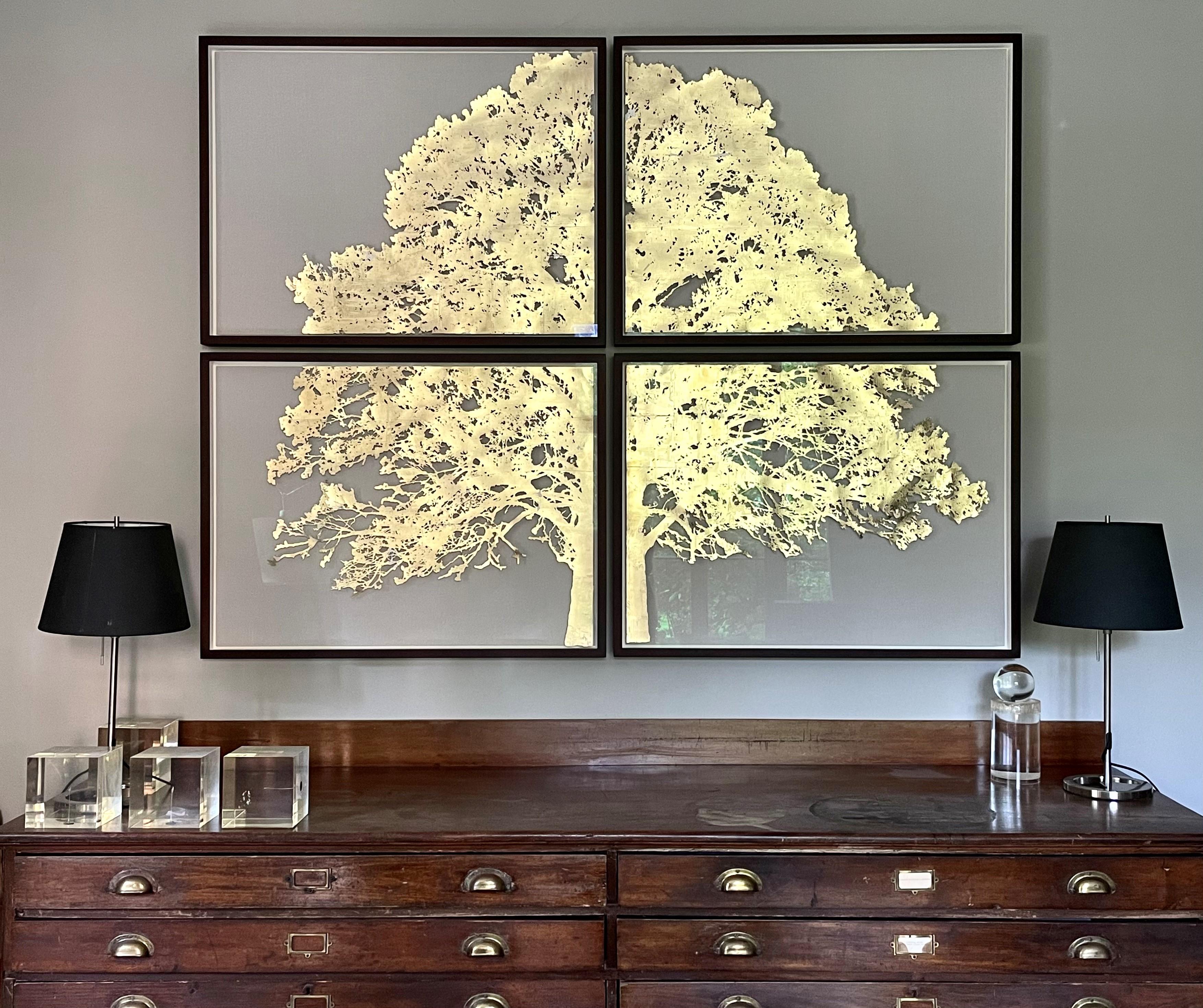 Oak d’Or - Contemporary gold-leaf tree made of 4 panels (individually framed) For Sale 1