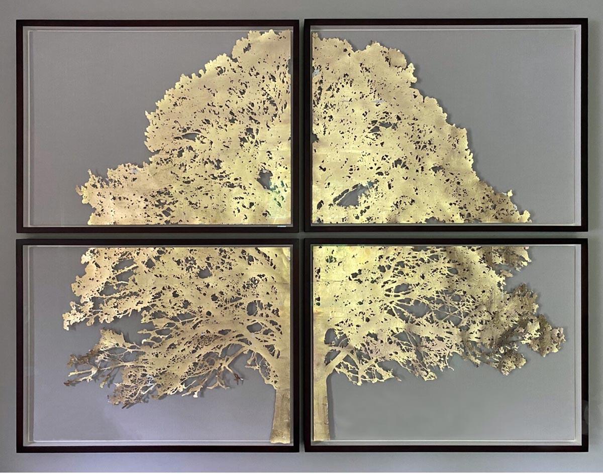Oak d’Or - Contemporary gold-leaf tree made of 4 panels (individually framed) - Mixed Media Art by Emma Levine