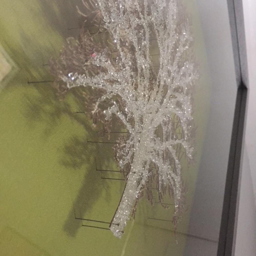 Moss Tree, Crystal Glitter Oak by Emma Levine.
53cm x 53cm – Framed in a grey wooden frame and ready to hang.
Silk, paper, entomology pins and Swarovski crystals. 
Signed in the bottom right hand corner. 
