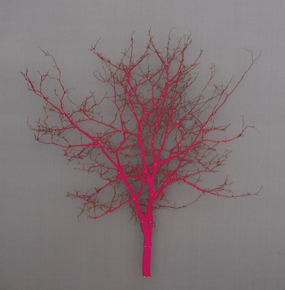 Emma Levine Still-Life Sculpture - Pink and Grey Hawthorne , installation art, laser cut tree in box frame
