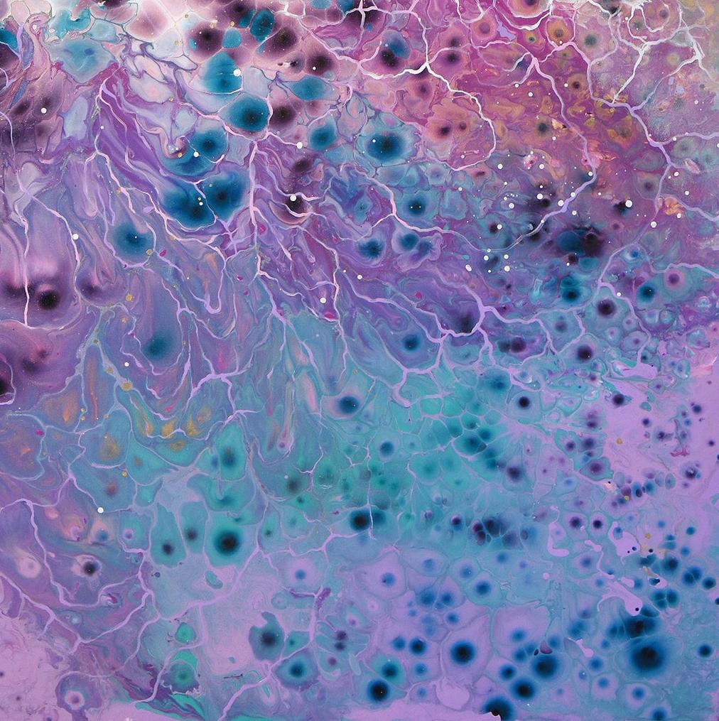 Pink, Blue & Purple Modern Abstract Atomic Cosmic Fluid Art Painting by Swedish Artist. Emma Lindström was born in 1989 in Gothenburg, Sweden. She has had great success internationally with her colourful, energetic work, and has exhibited in