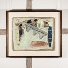 Fallen Angel - Modern Cityscape Oil Painting on Paper with Boats, Water + Bridge