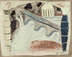 Fallen Angel - Modern Cityscape Oil Painting on Paper with Boats, Water + Bridge