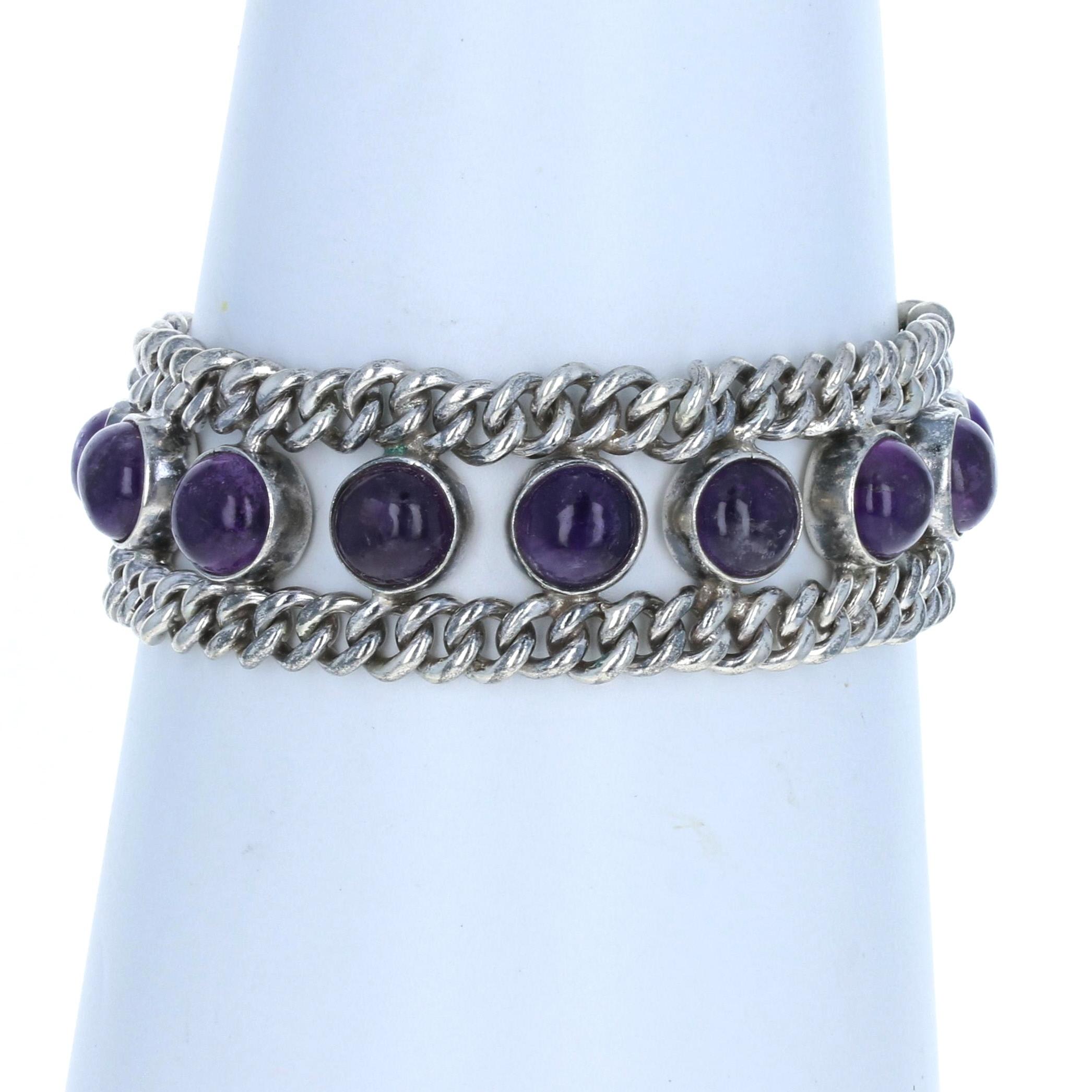 Cabochon Emma Melendez Amethyst Earrings, Bracelet, & Necklace Set Sterling Silver 925 For Sale