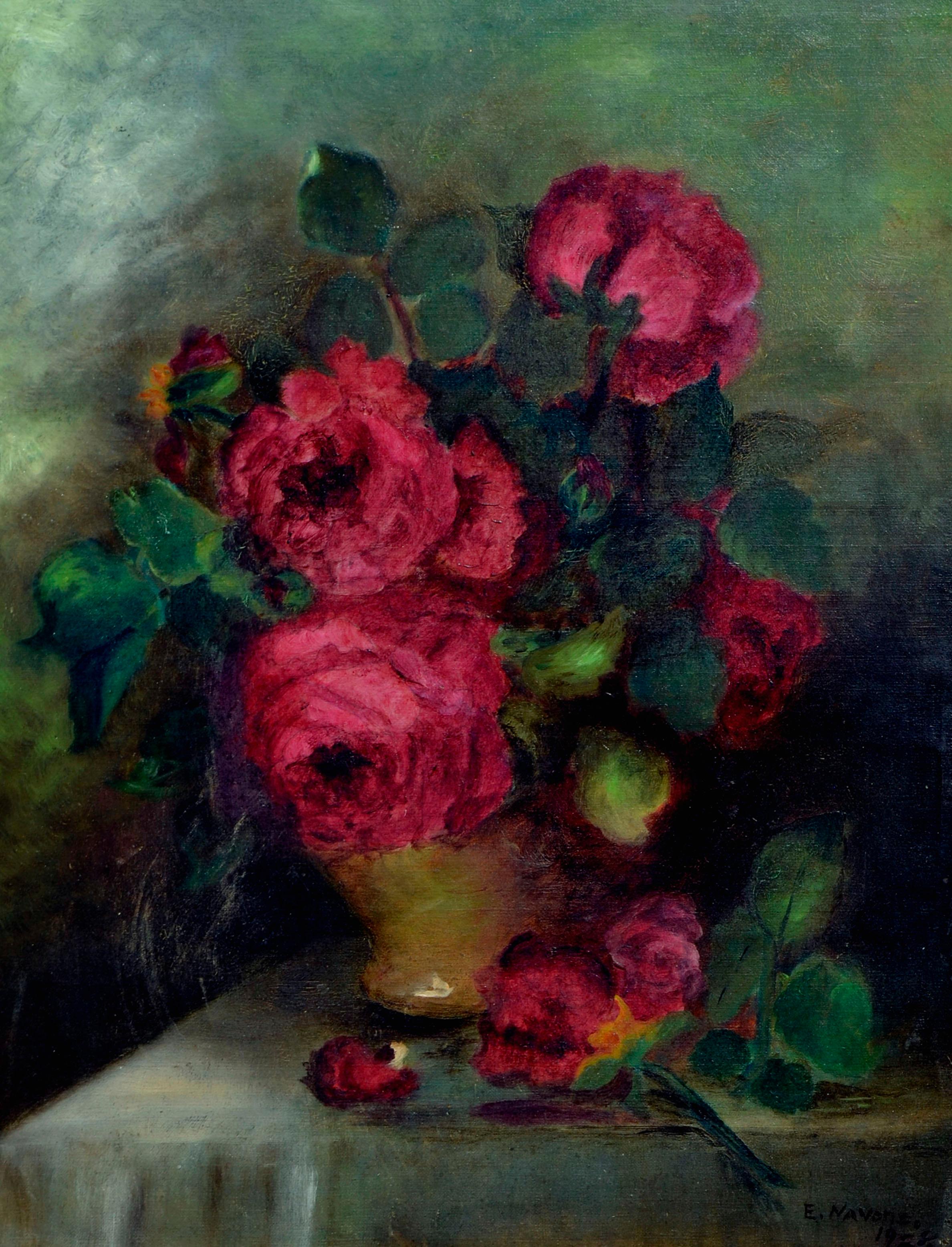 Nature morte de roses rouges des années 1920 - Painting de Emma Navone Parnisari