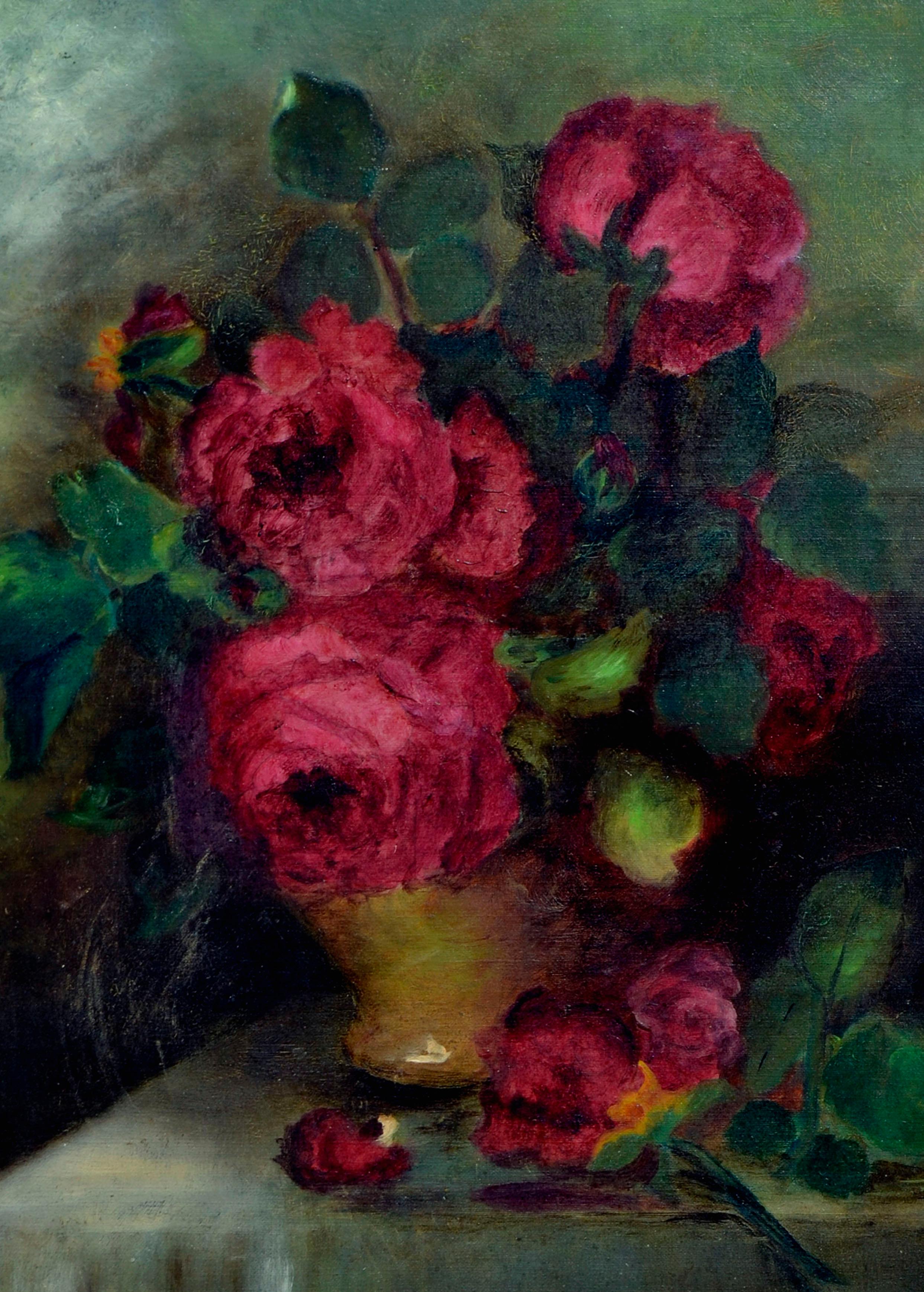 Nature morte de roses rouges des années 1920 - Impressionnisme américain Painting par Emma Navone Parnisari