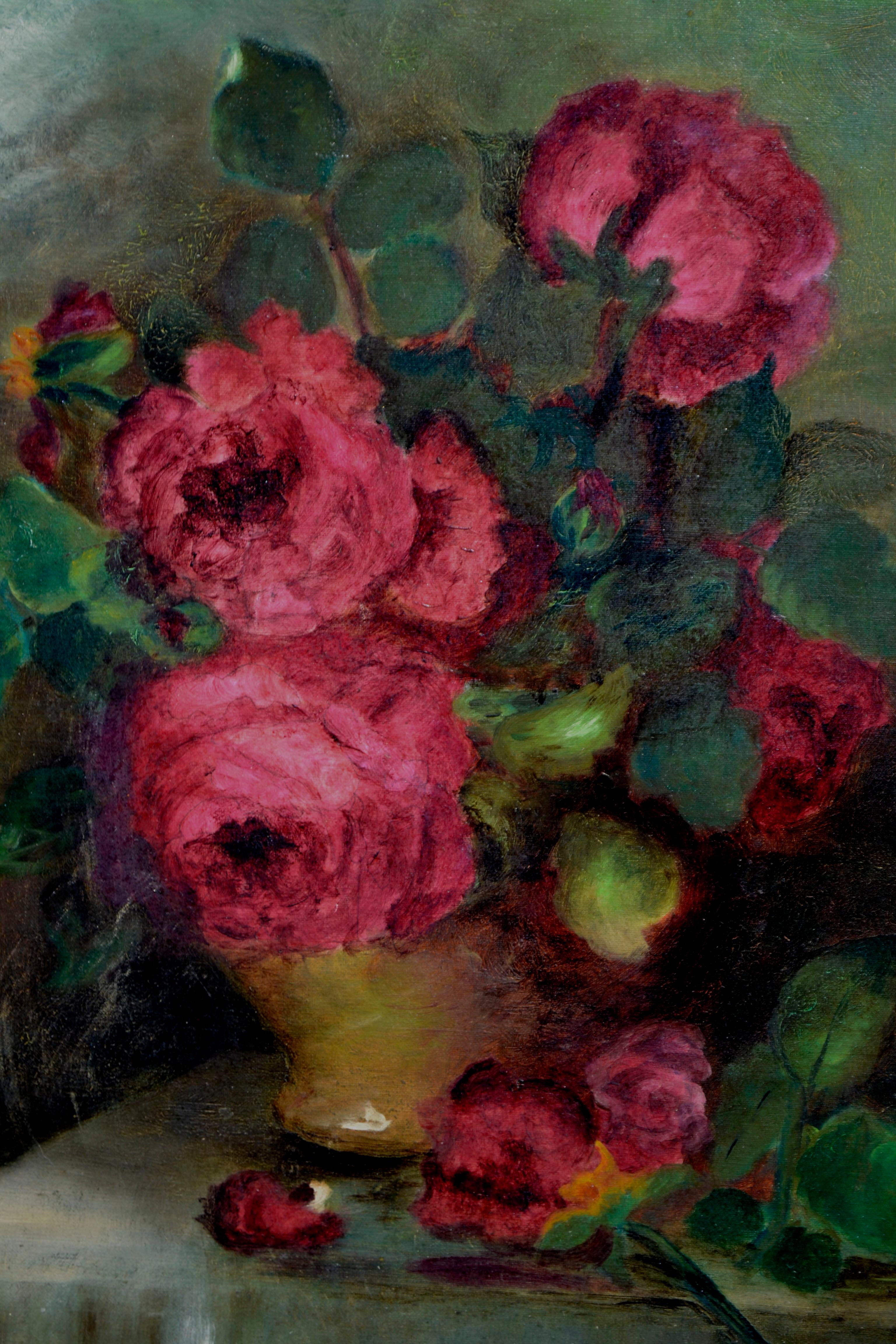 Nature morte de roses rouges des années 1920 - Noir Still-Life Painting par Emma Navone Parnisari