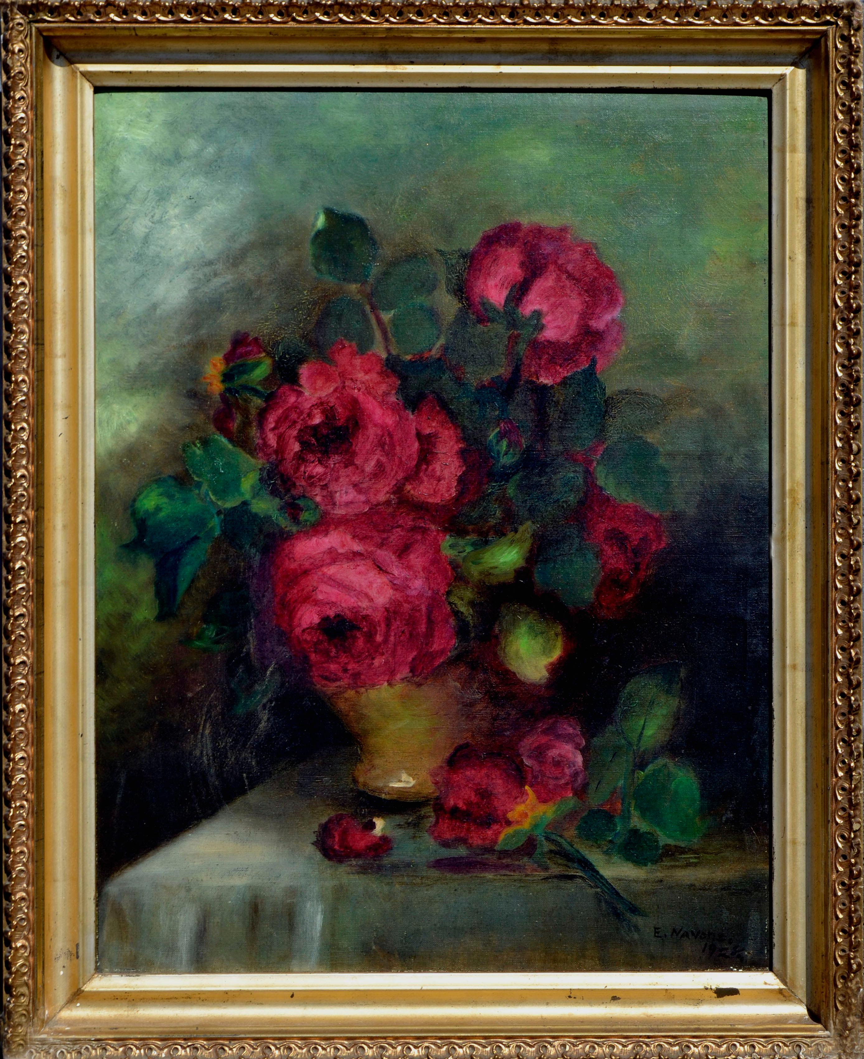 Still-Life Painting Emma Navone Parnisari - Nature morte de roses rouges des années 1920
