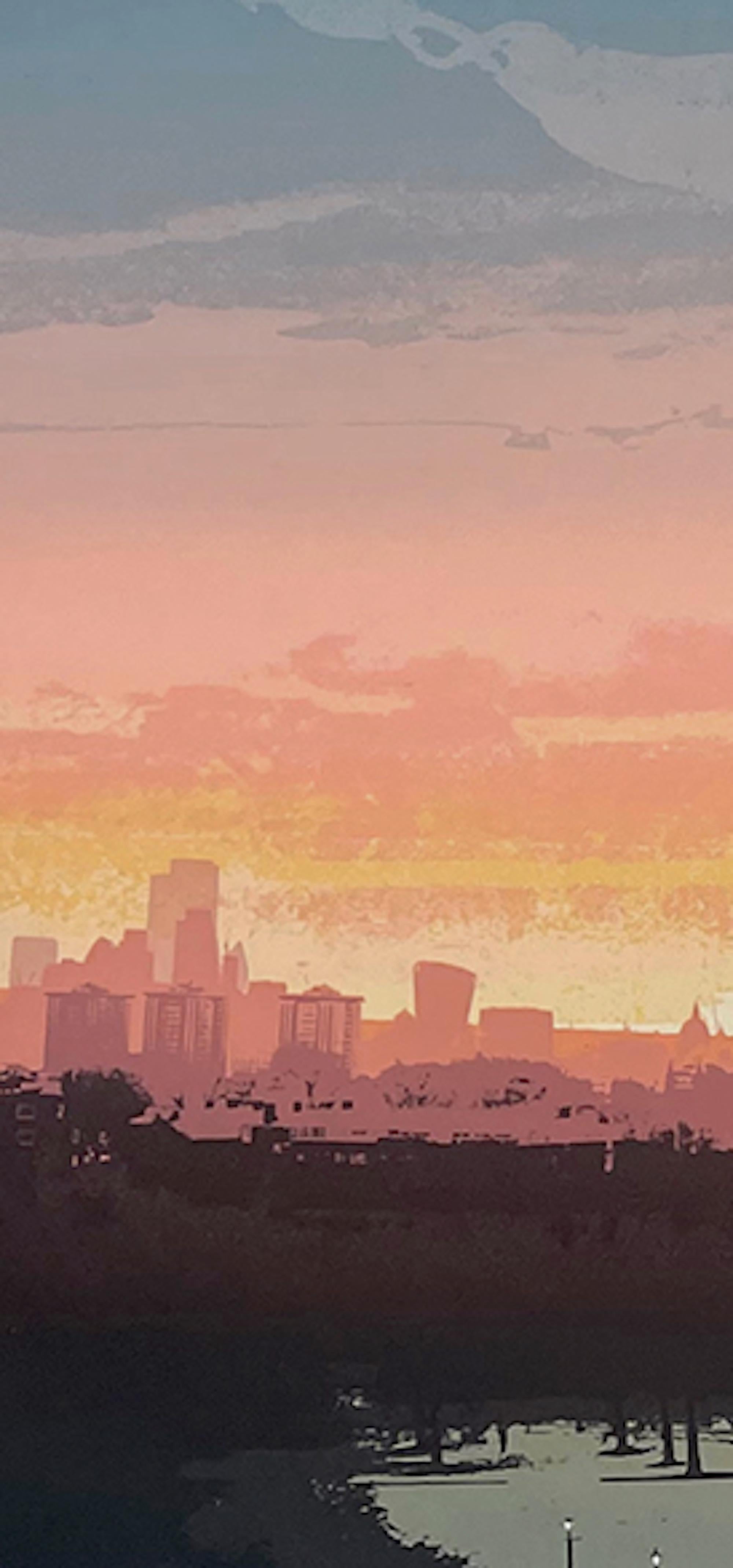 Based on an early visit to Primrose Hill in the winter to watch the sun come up. This piece is created using techniques that blend photography, painting and screenprinting. Built up with multiple blend layers to capture the spectacular atmosphere of
