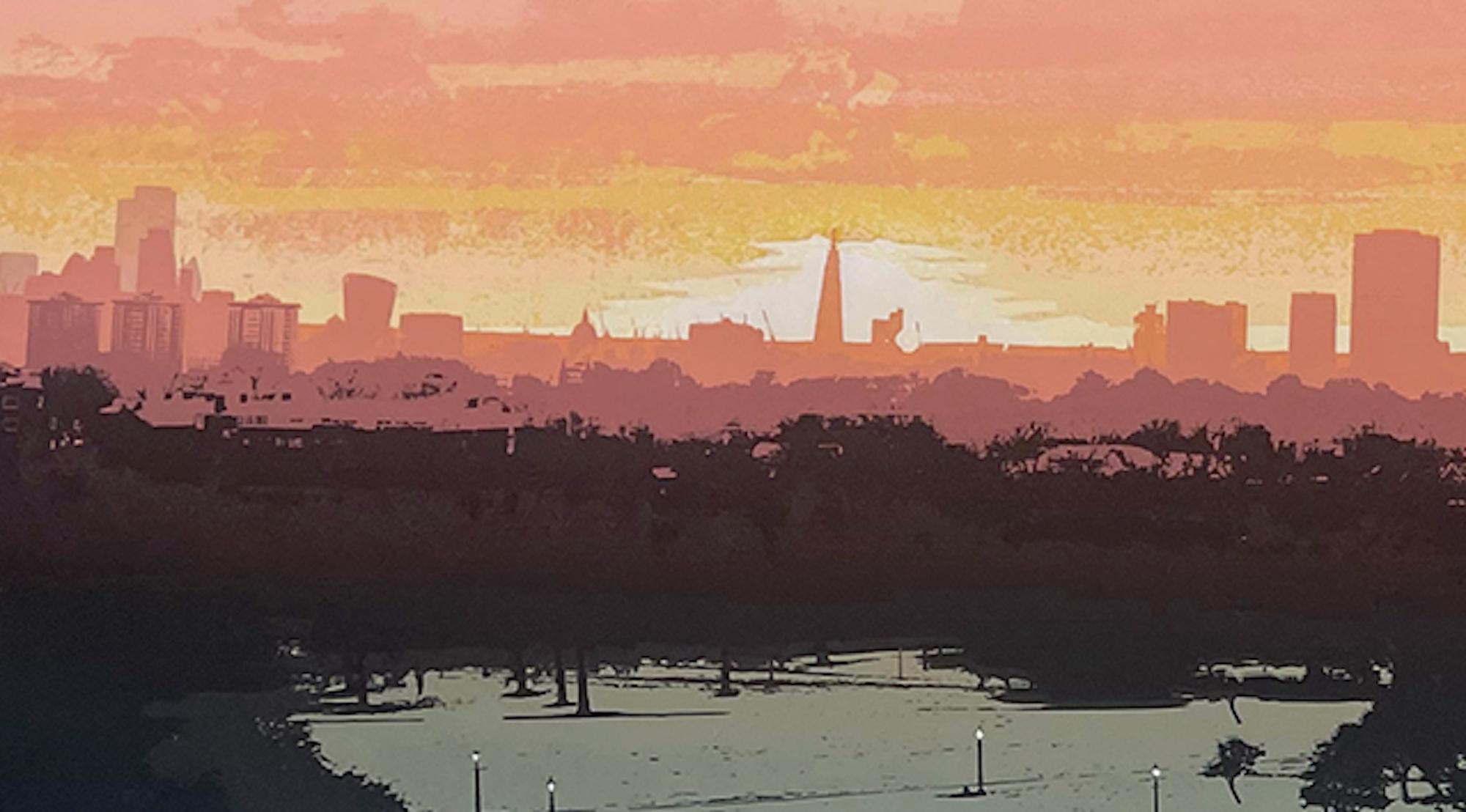 First Light at Primrose Hill, arte del paesaggio urbano, arte del paesaggio, arte a prezzi accessibili in vendita 1