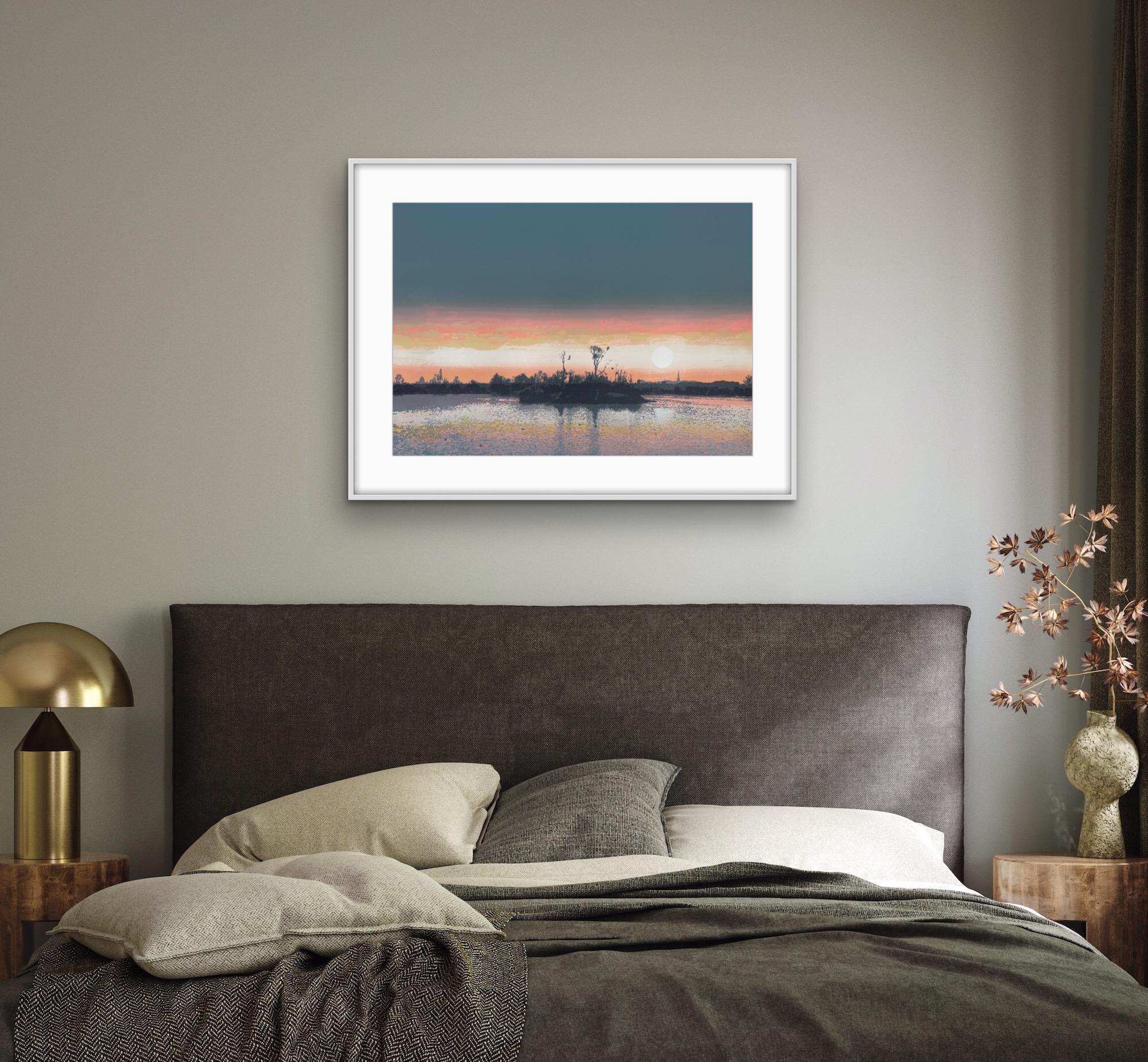 Winter Sun at Walthamstow Wetlands, stampa paesaggistica, edizione limitata - Print di Emma Reynolds