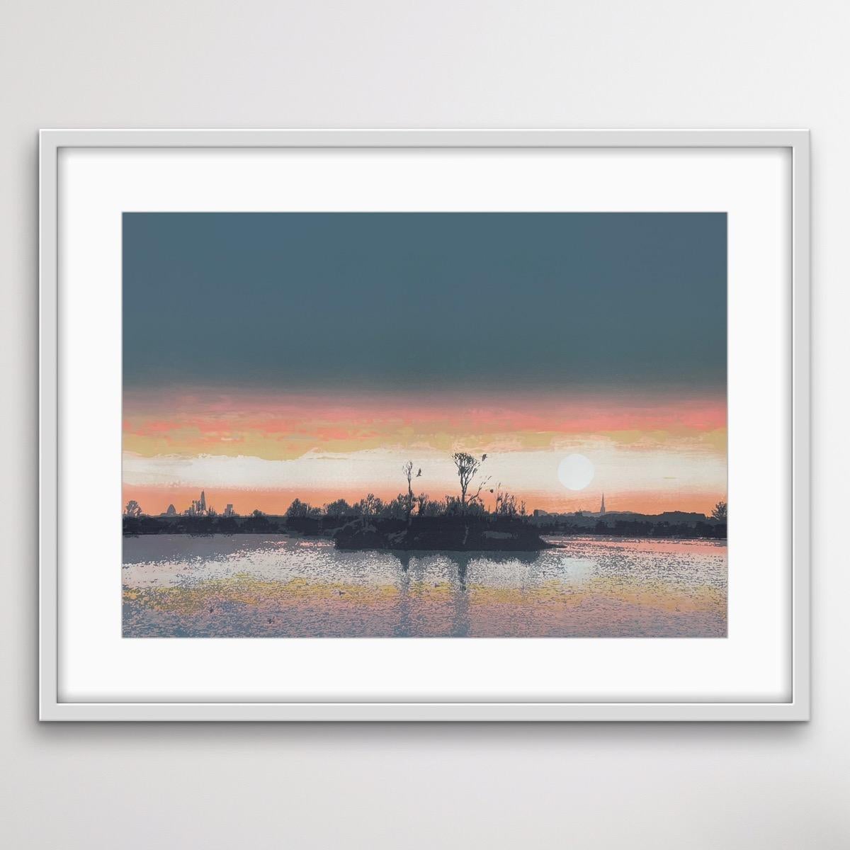 A variable edition of Walthamstow Wetlands. Catching those last moments of light in the winter. The sky in each has been individually painted, then printed through the silk screen to reflect the changing light in a moment. The rest of the print is