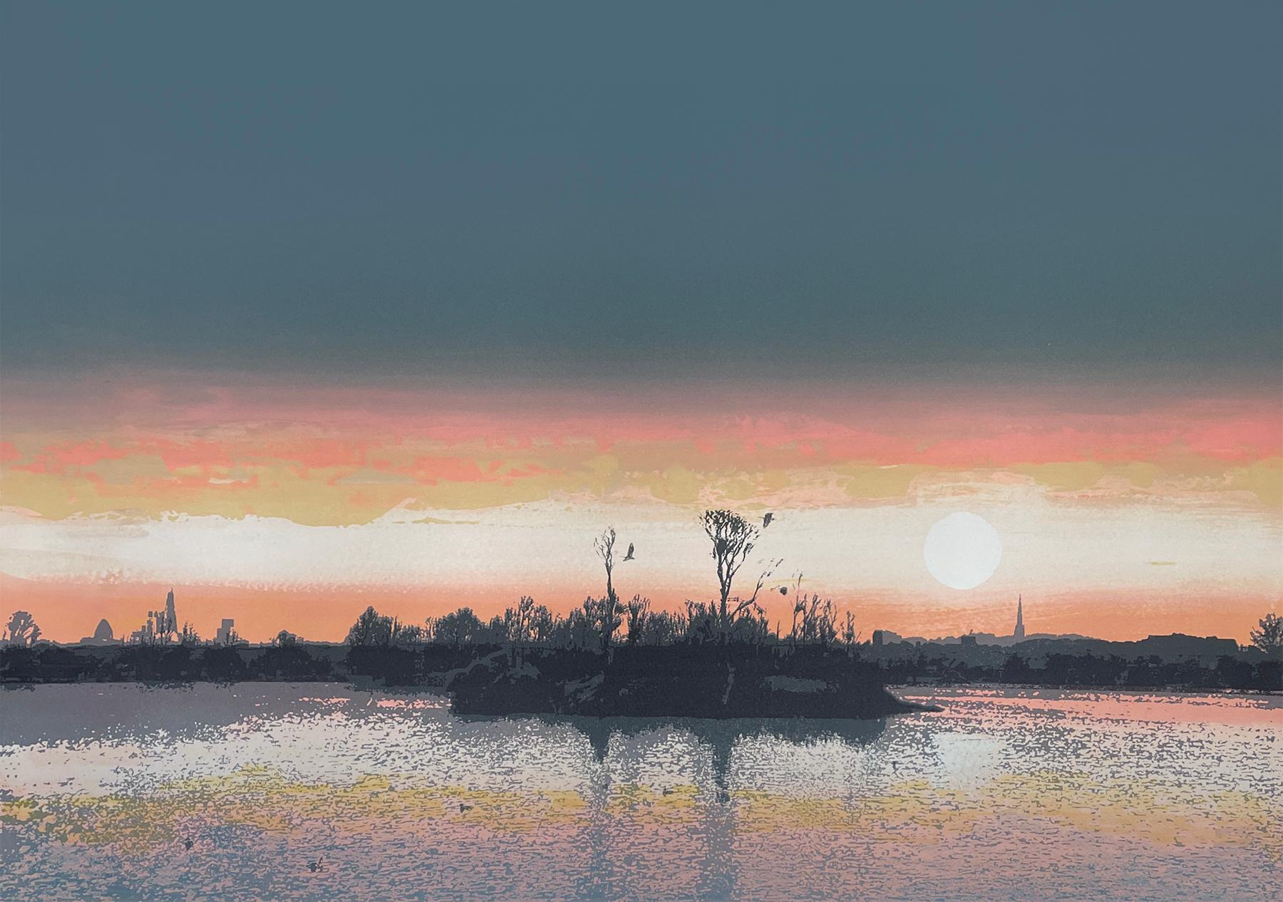 Landscape Print Emma Reynolds - Winter Sun at Walthamstow Wetlands, paysage imprimé, édition limitée