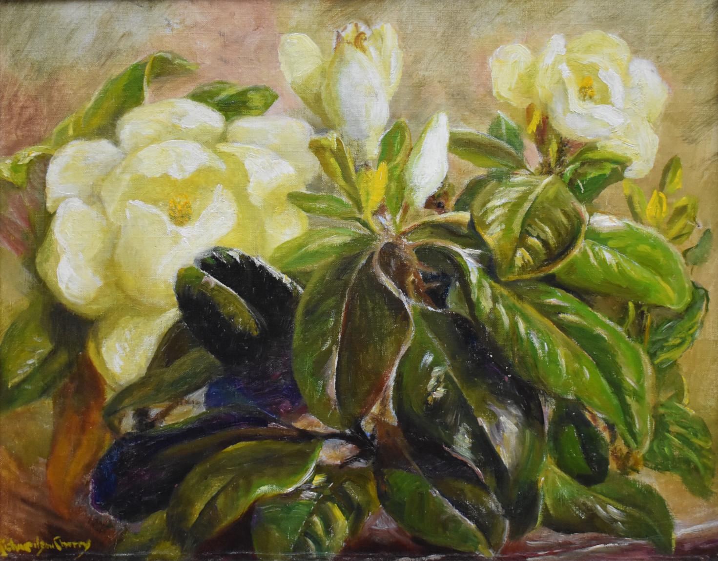 Emma Richardson Cherry Still-Life Painting - "MAGNOLIA" FLOWER BOUQUET STILL LIFE HOUSTON ARTIST 1930s