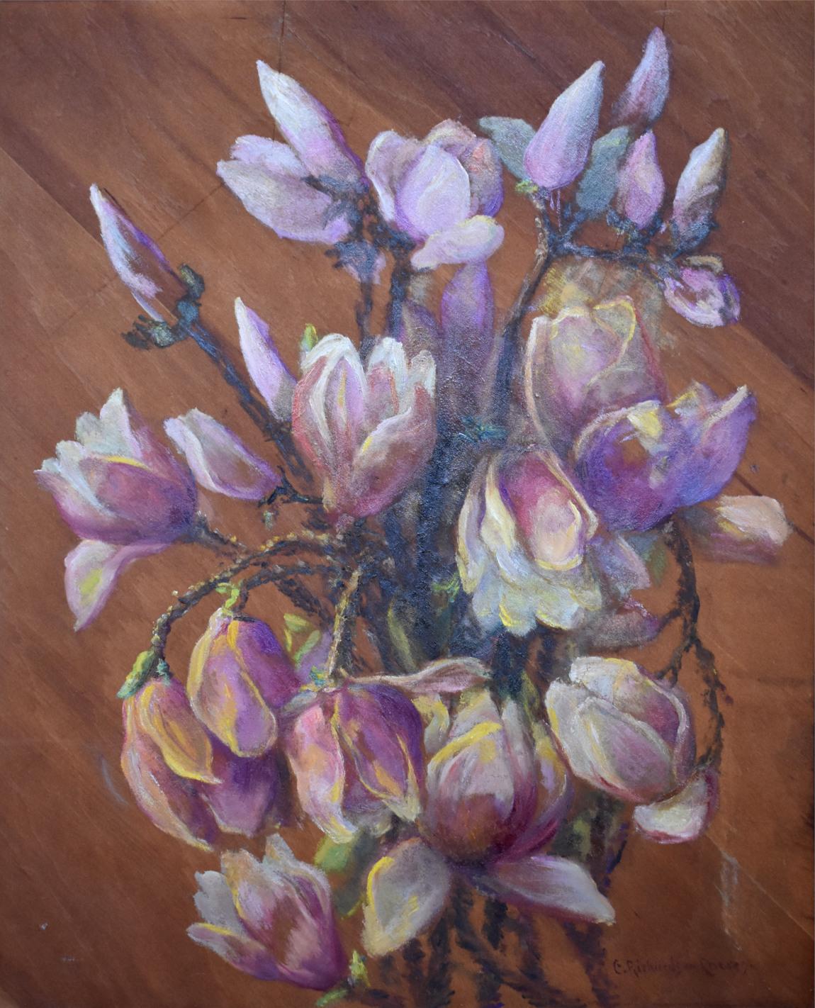 Emma Richardson Cherry Still-Life Painting - "MAGNOLIAS" FLOWER BOUQUET STILL LIFE LAVENDAR