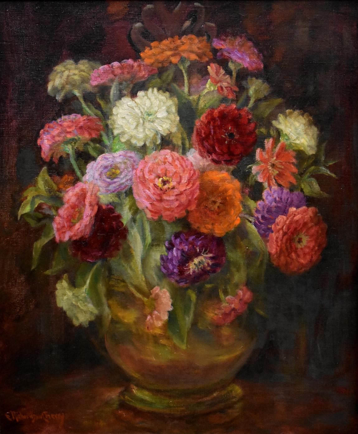 Emma Richardson Cherry Still-Life Painting - "ZINNIAS" FLOWER BOUQUET STILL LIFE HOUSTON ARTIST 1930s